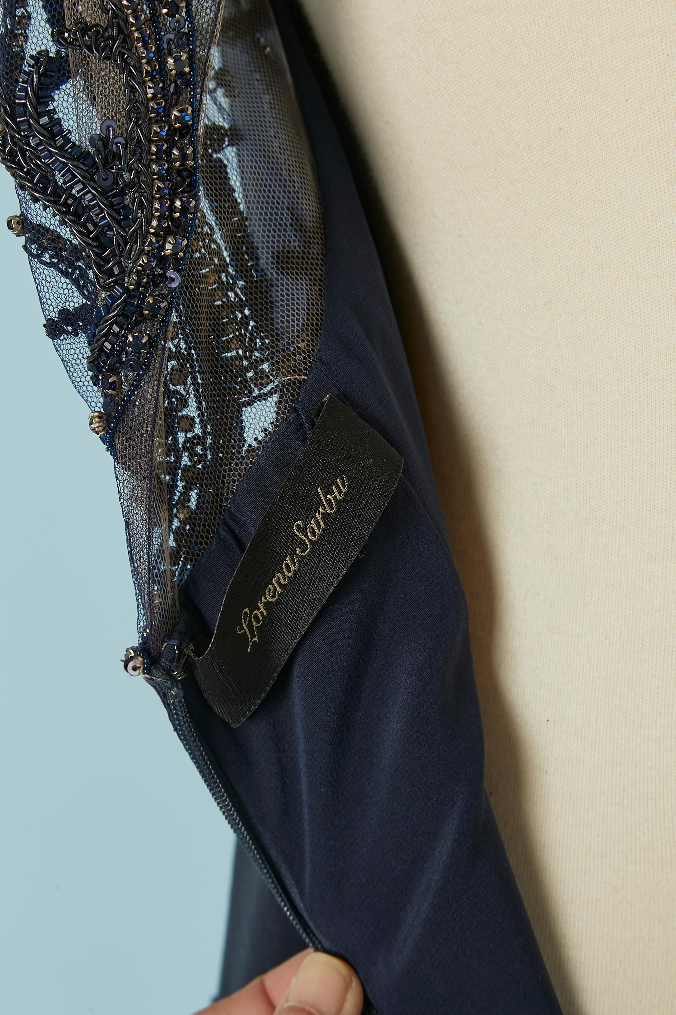 Navy blue evening gown in twill silk and embroideries with drag Lorena Sarbu For Sale 5
