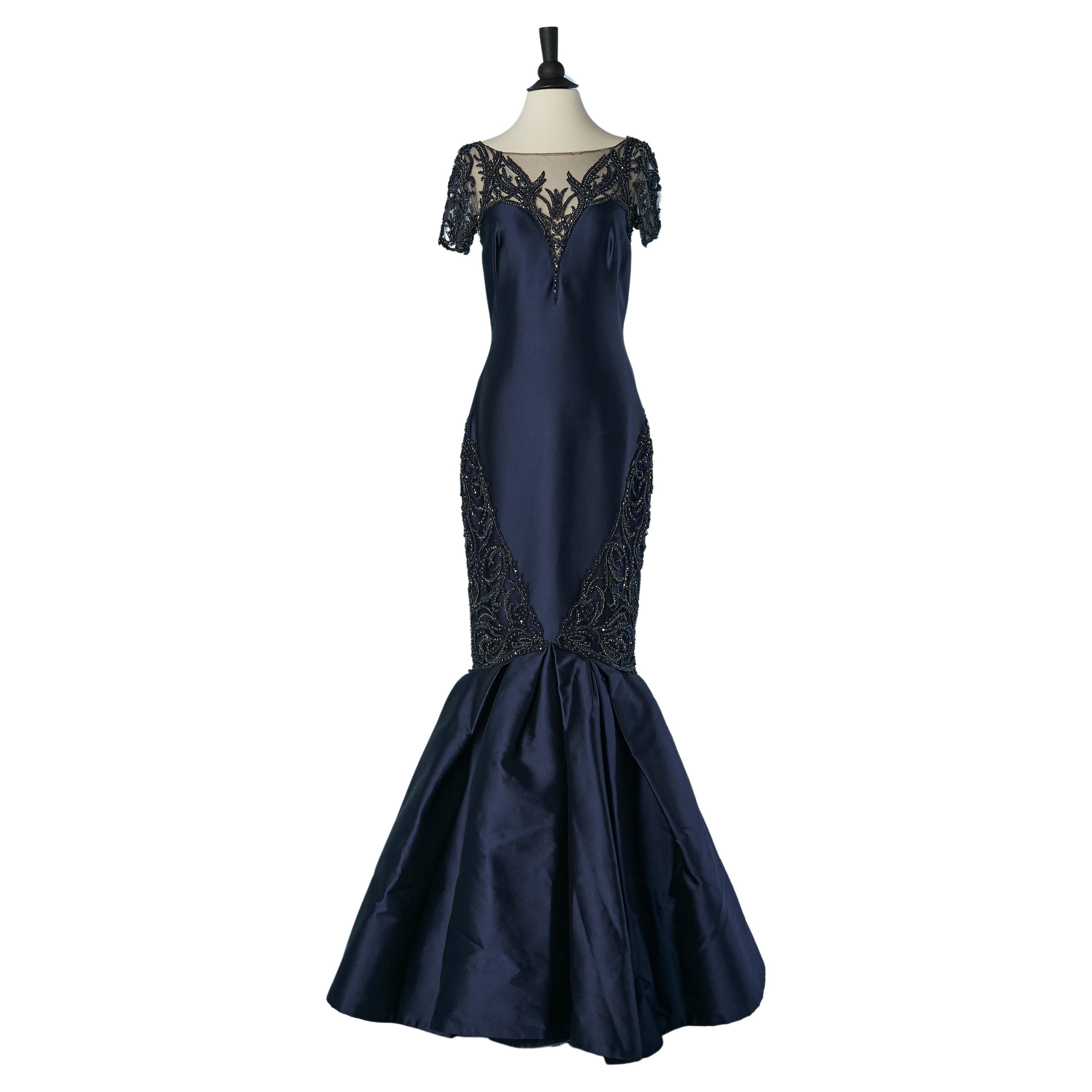 Navy blue evening gown in twill silk and embroideries with drag Lorena Sarbu For Sale