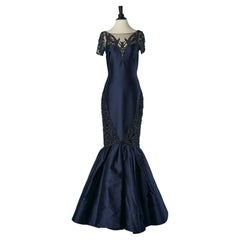Navy blue evening gown in twill silk and embroideries with drag Lorena Sarbu