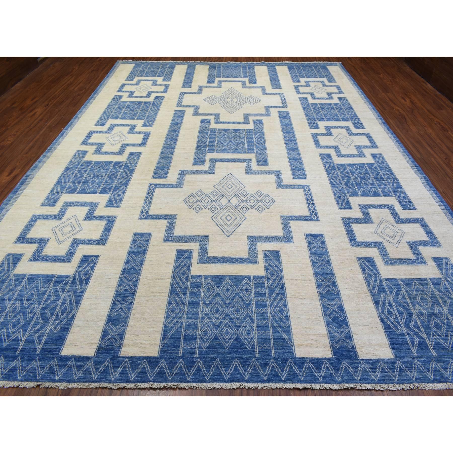 Oushak Tapis Peshawar à tissage dense en laine douce nouée à la main bleu marine 10'1