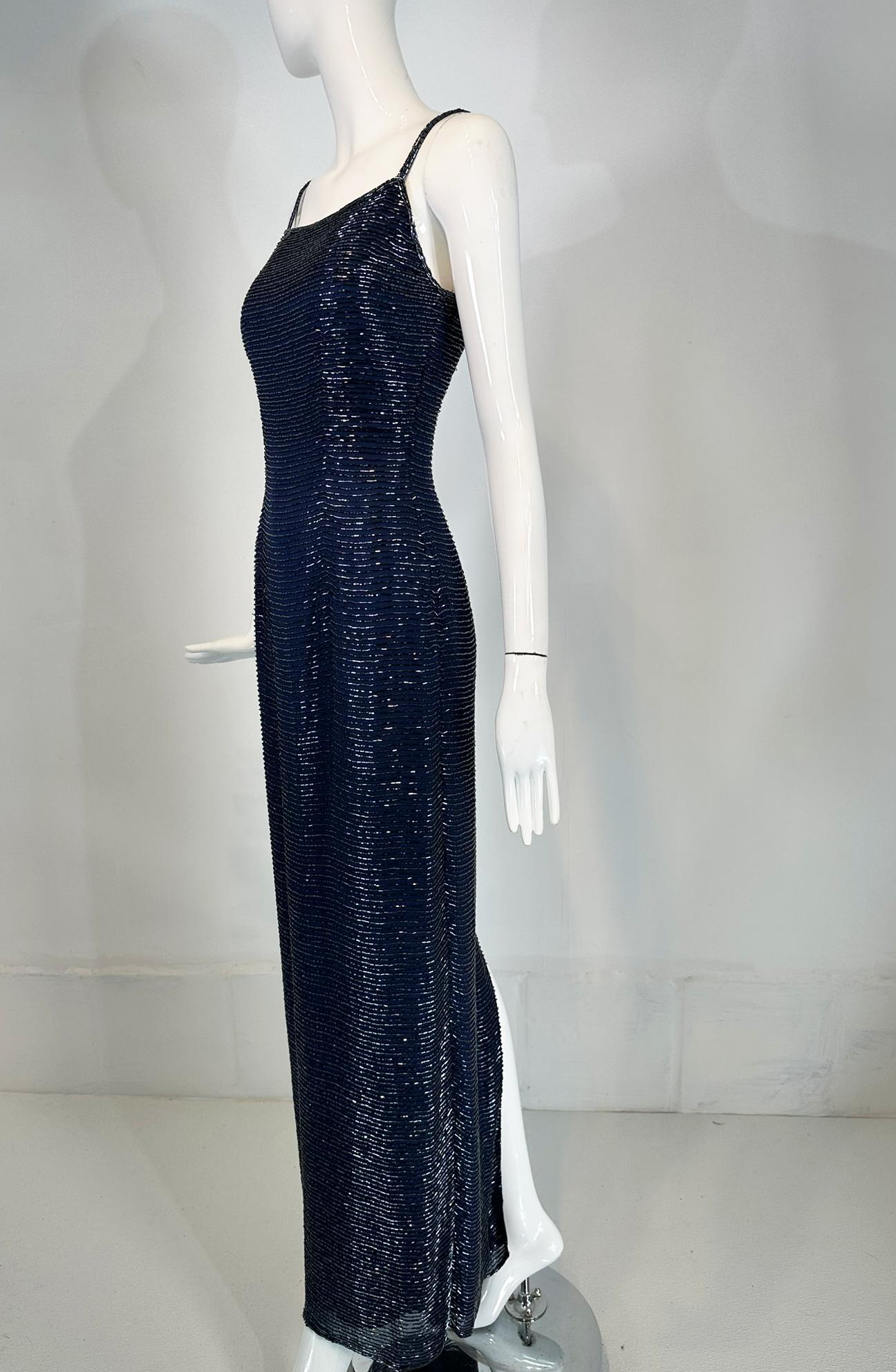 Navy Blue Glass Beaded Silk Slip Dress Evening Dress Saks 5th Ave.  XS For Sale 5