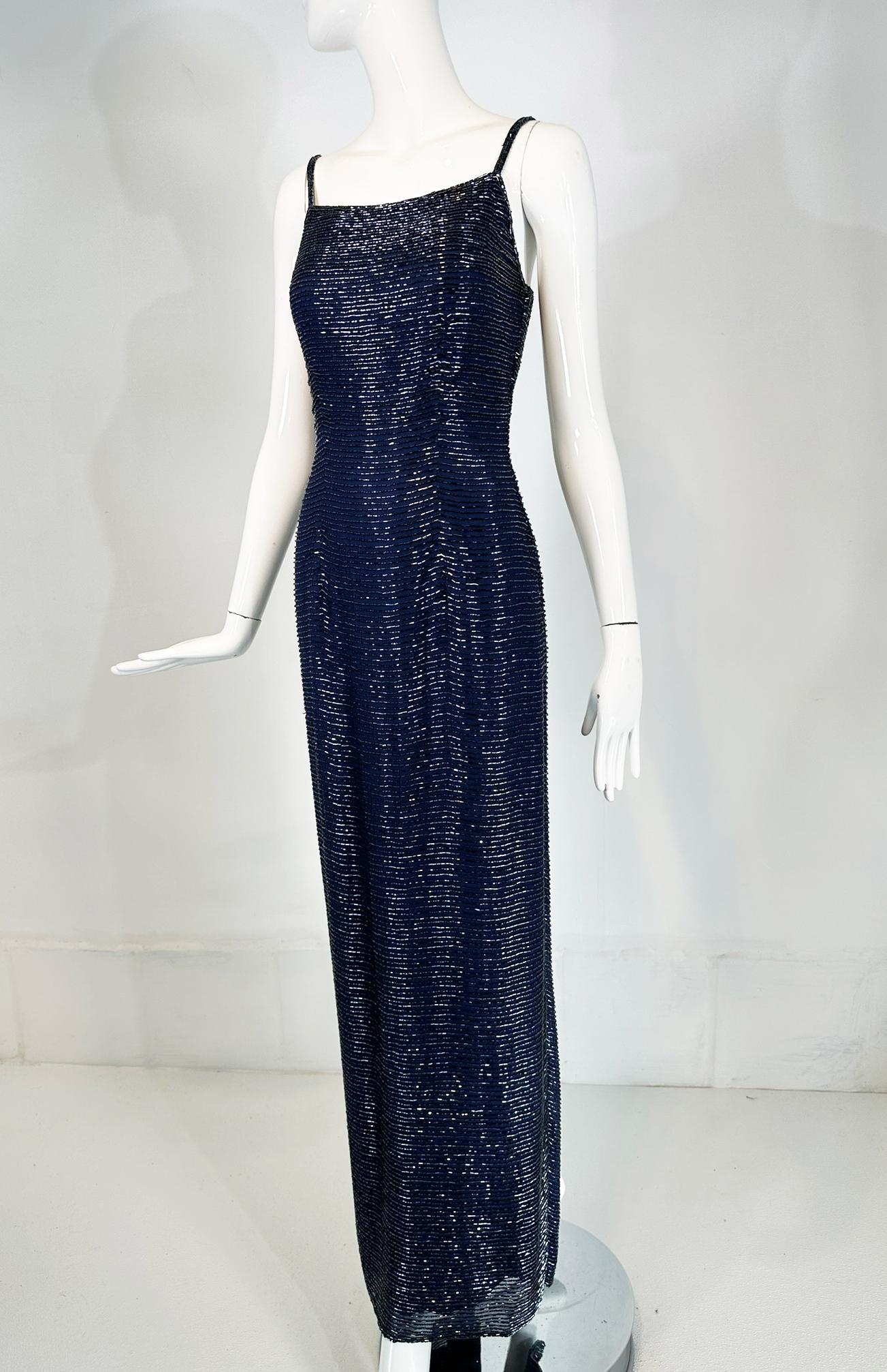 Navy Blue Glass Beaded Silk Slip Dress Evening Dress Saks 5th Ave.  XS For Sale 6