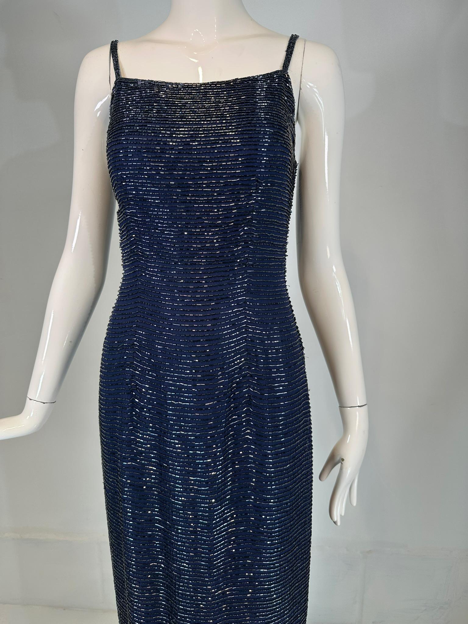 Navy Blue Glass Beaded Silk Slip Dress Evening Dress Saks 5th Ave.  XS For Sale 7