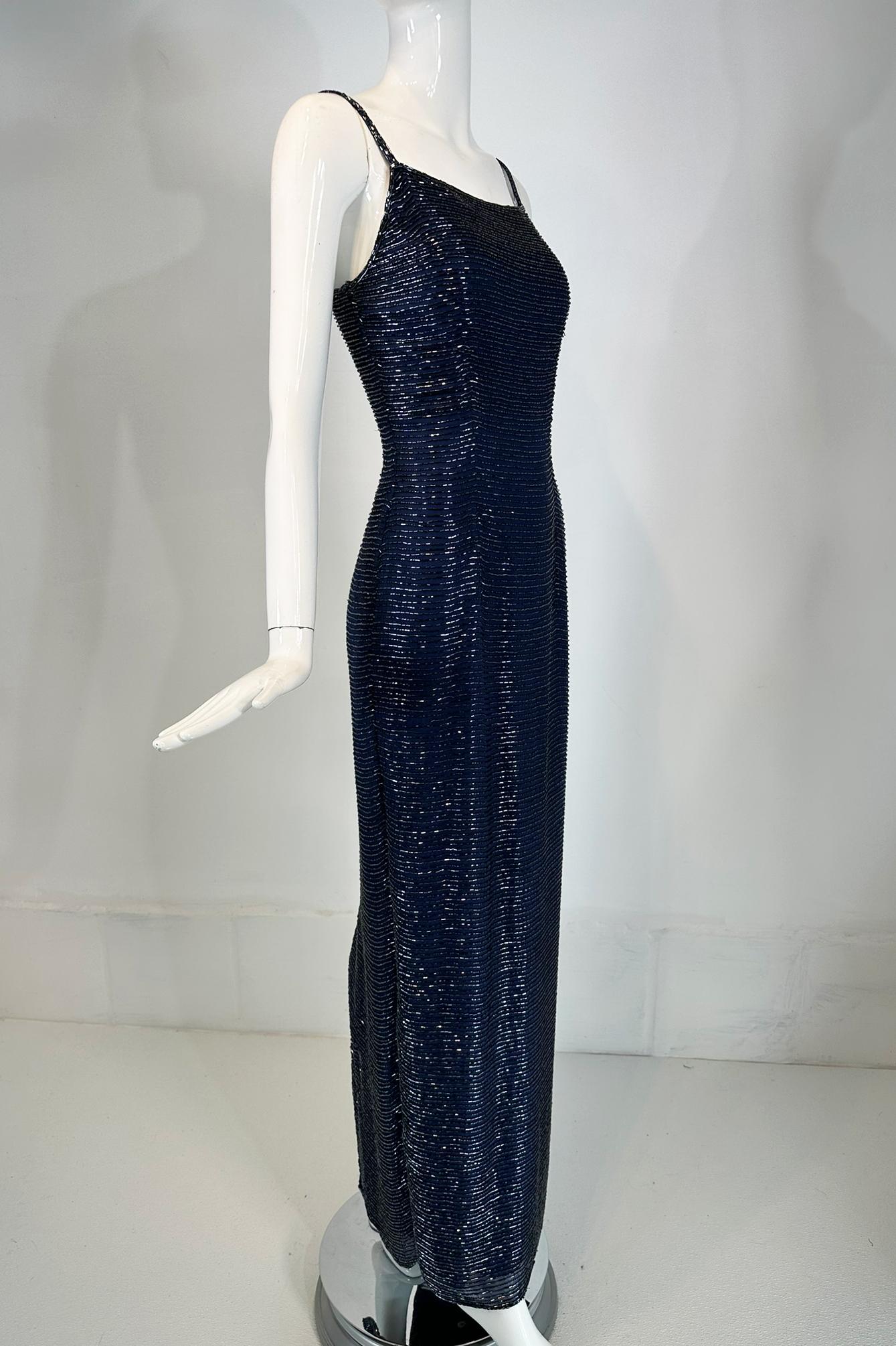 Black Navy Blue Glass Beaded Silk Slip Dress Evening Dress Saks 5th Ave.  XS For Sale
