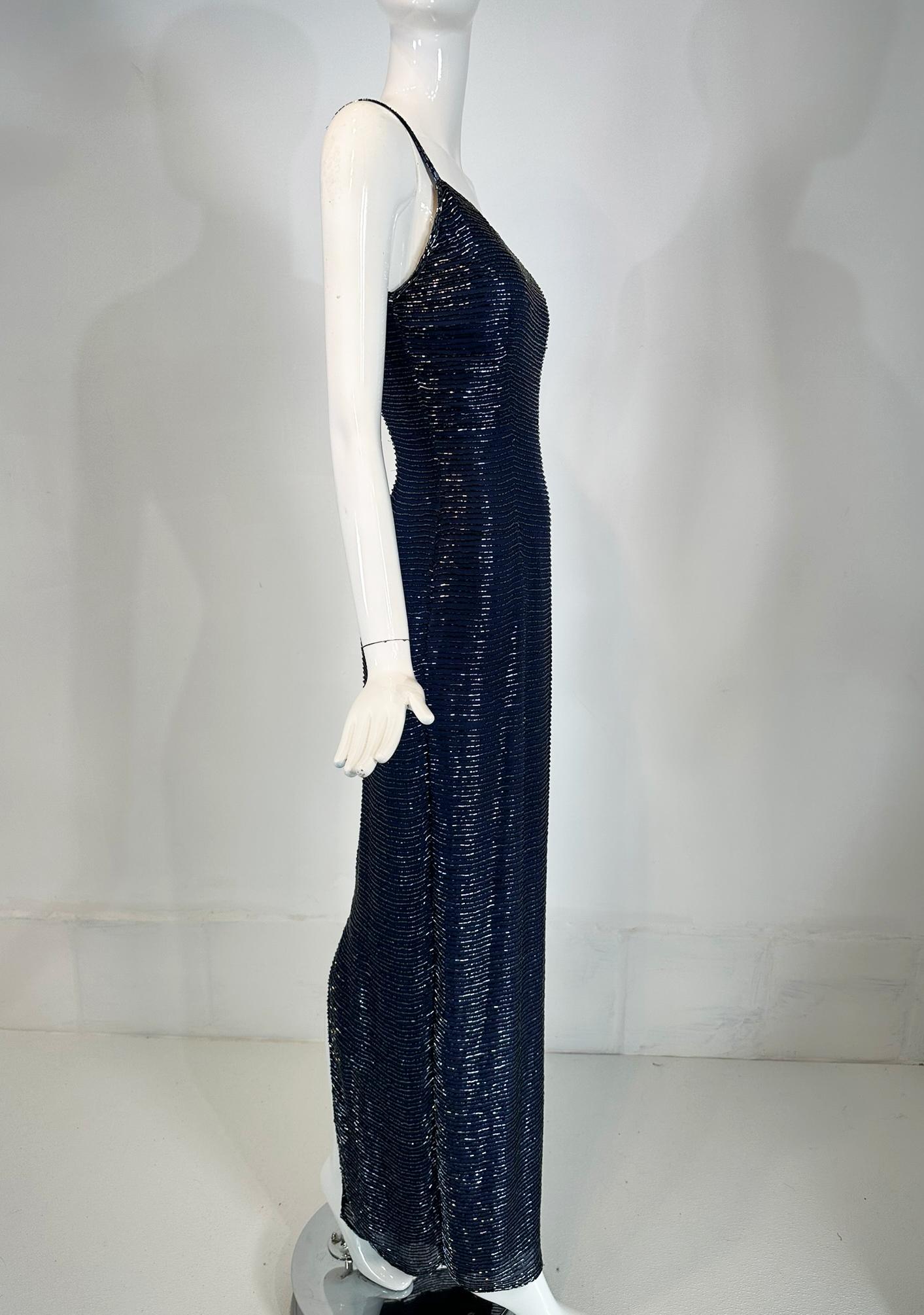 Navy Blue Glass Beaded Silk Slip Dress Evening Dress Saks 5th Ave.  XS In Good Condition For Sale In West Palm Beach, FL