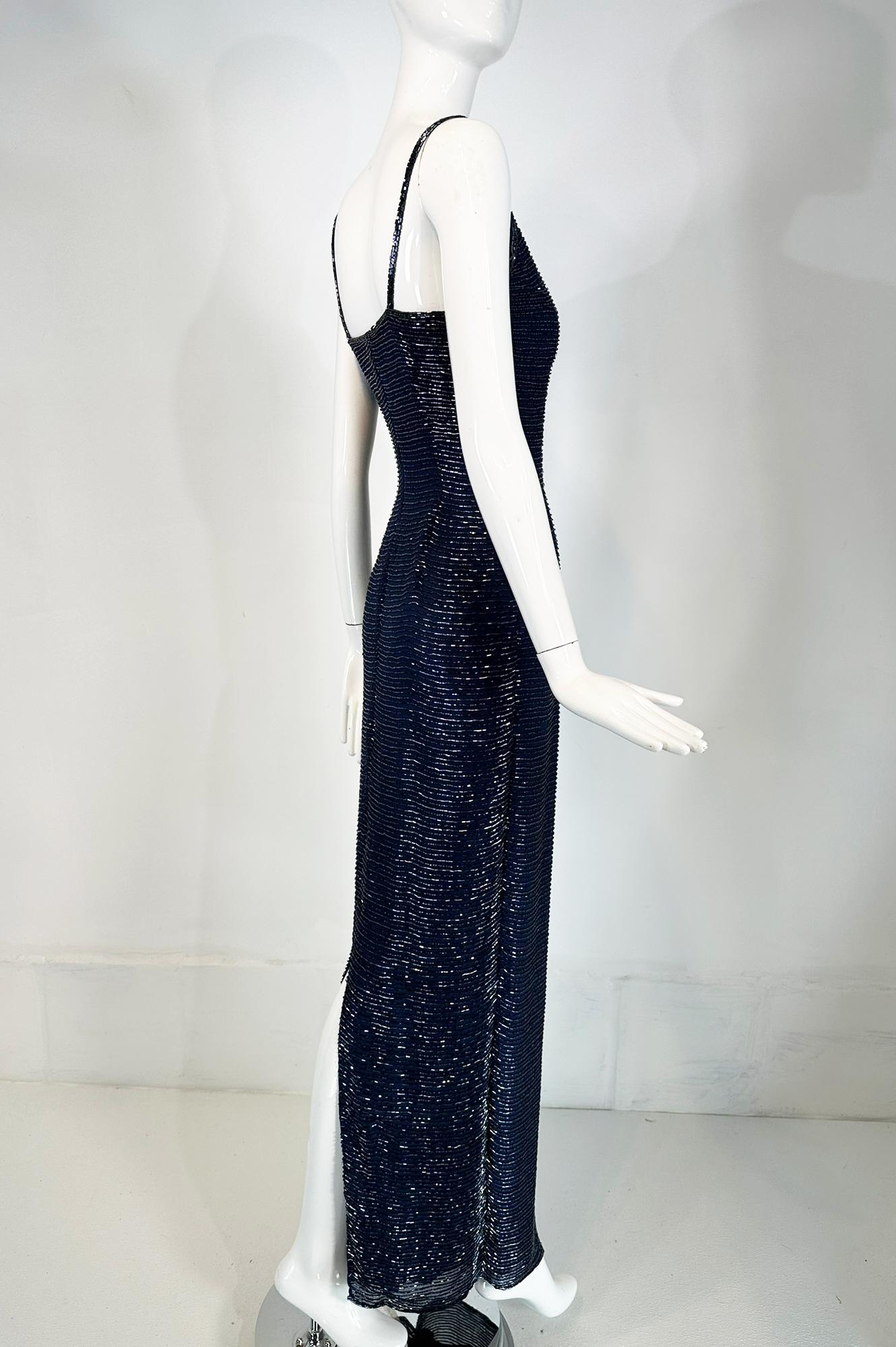 Women's Navy Blue Glass Beaded Silk Slip Dress Evening Dress Saks 5th Ave.  XS For Sale
