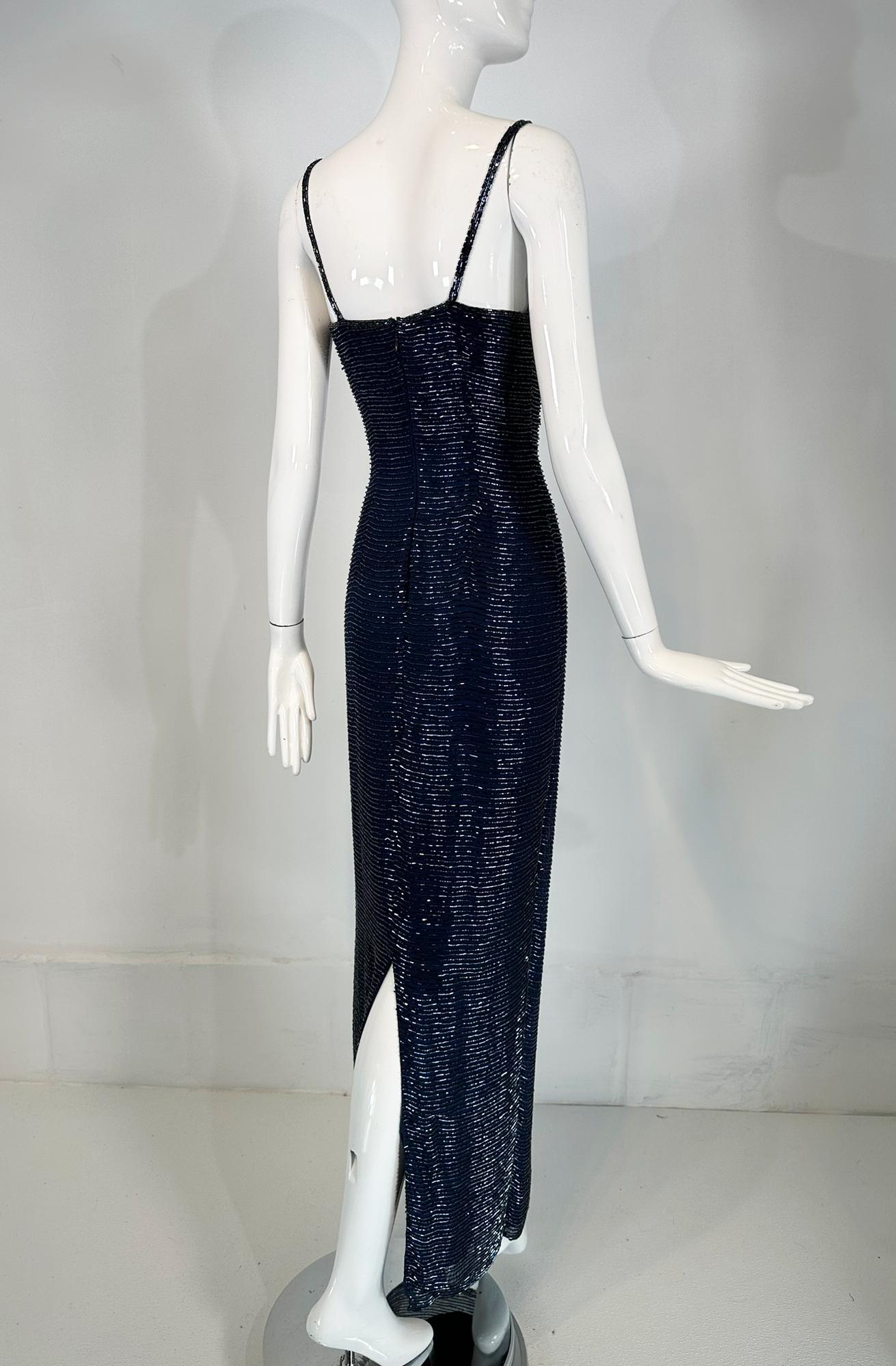 Navy Blue Glass Beaded Silk Slip Dress Evening Dress Saks 5th Ave.  XS For Sale 1