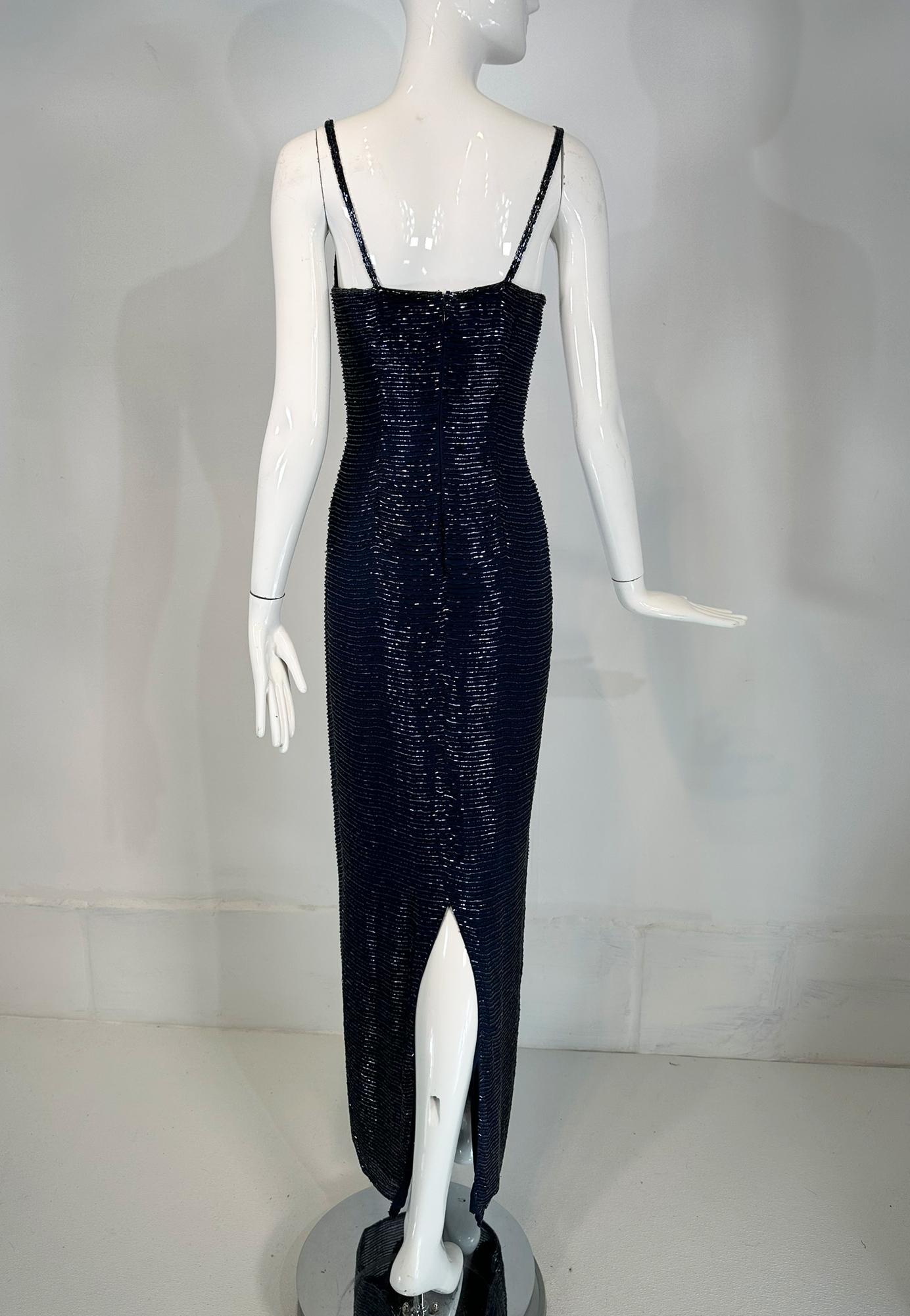 Navy Blue Glass Beaded Silk Slip Dress Evening Dress Saks 5th Ave.  XS For Sale 2