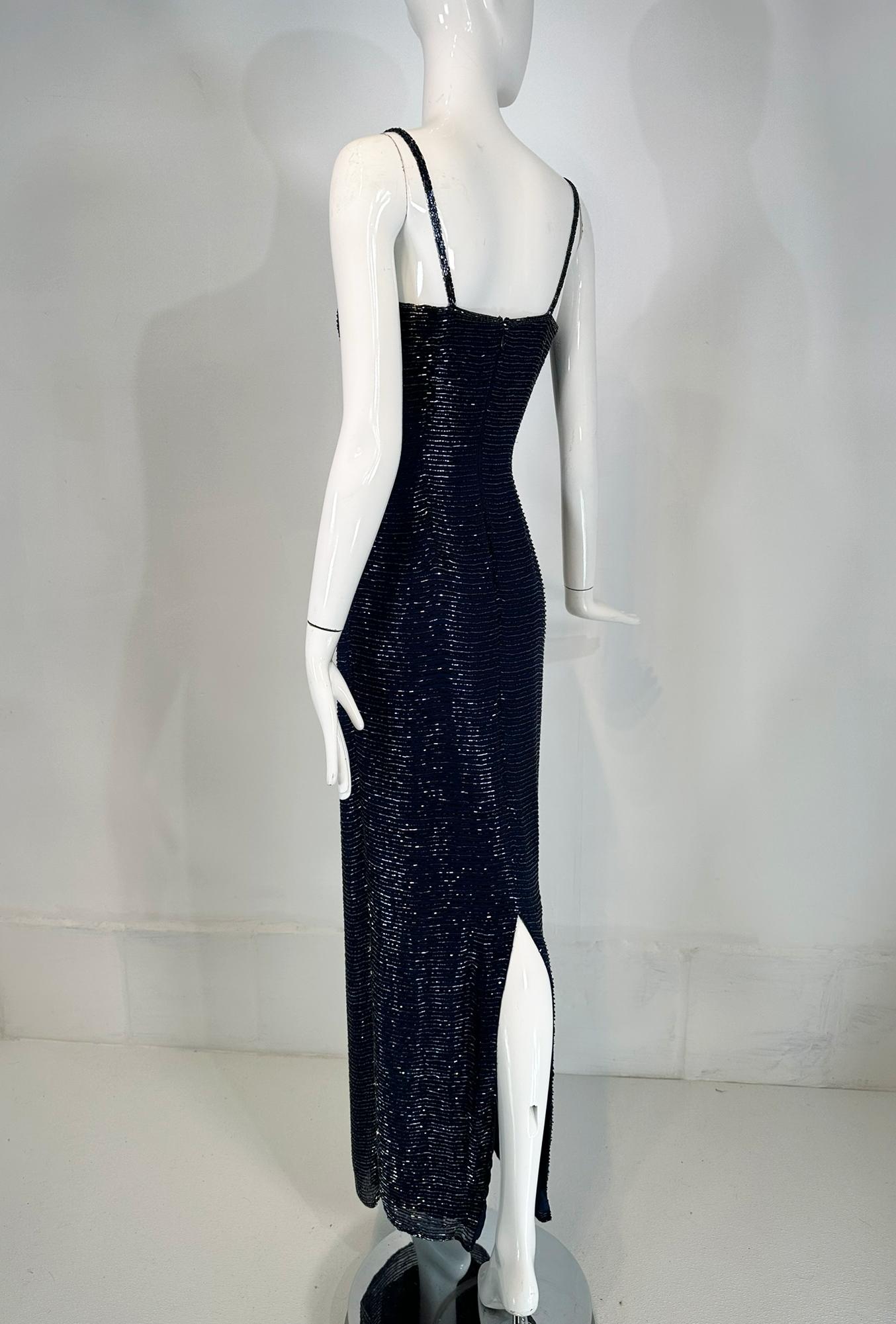 Navy Blue Glass Beaded Silk Slip Dress Evening Dress Saks 5th Ave.  XS For Sale 3