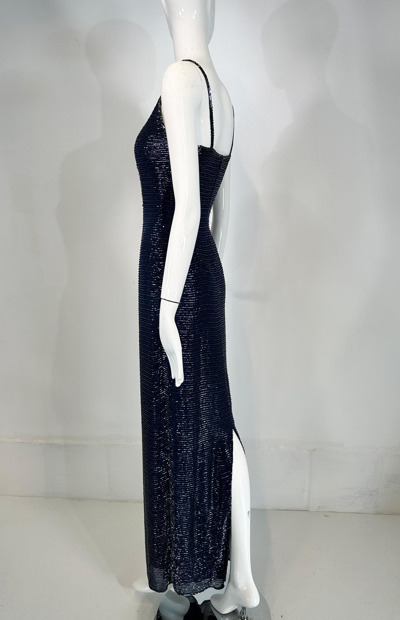 Navy Blue Glass Beaded Silk Slip Dress Evening Dress Saks 5th Ave.  XS For Sale 4
