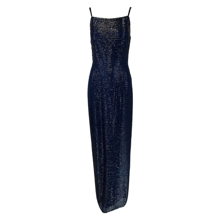 Navy Blue Glass Beaded Silk Slip Dress Evening Dress Saks 5th Ave. XS at  1stDibs