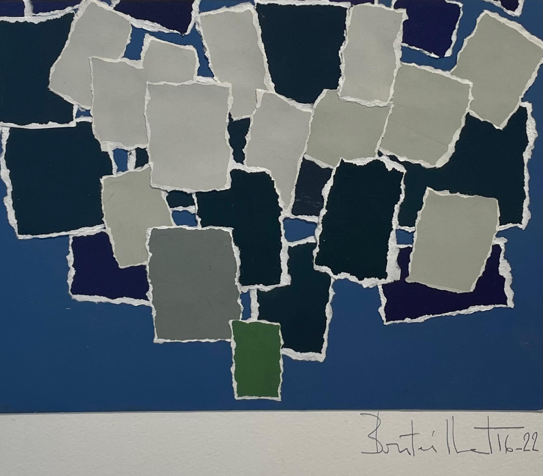French Navy, Blue, Green, Grey Paper Collage By Isabelle Bouteillet, France For Sale