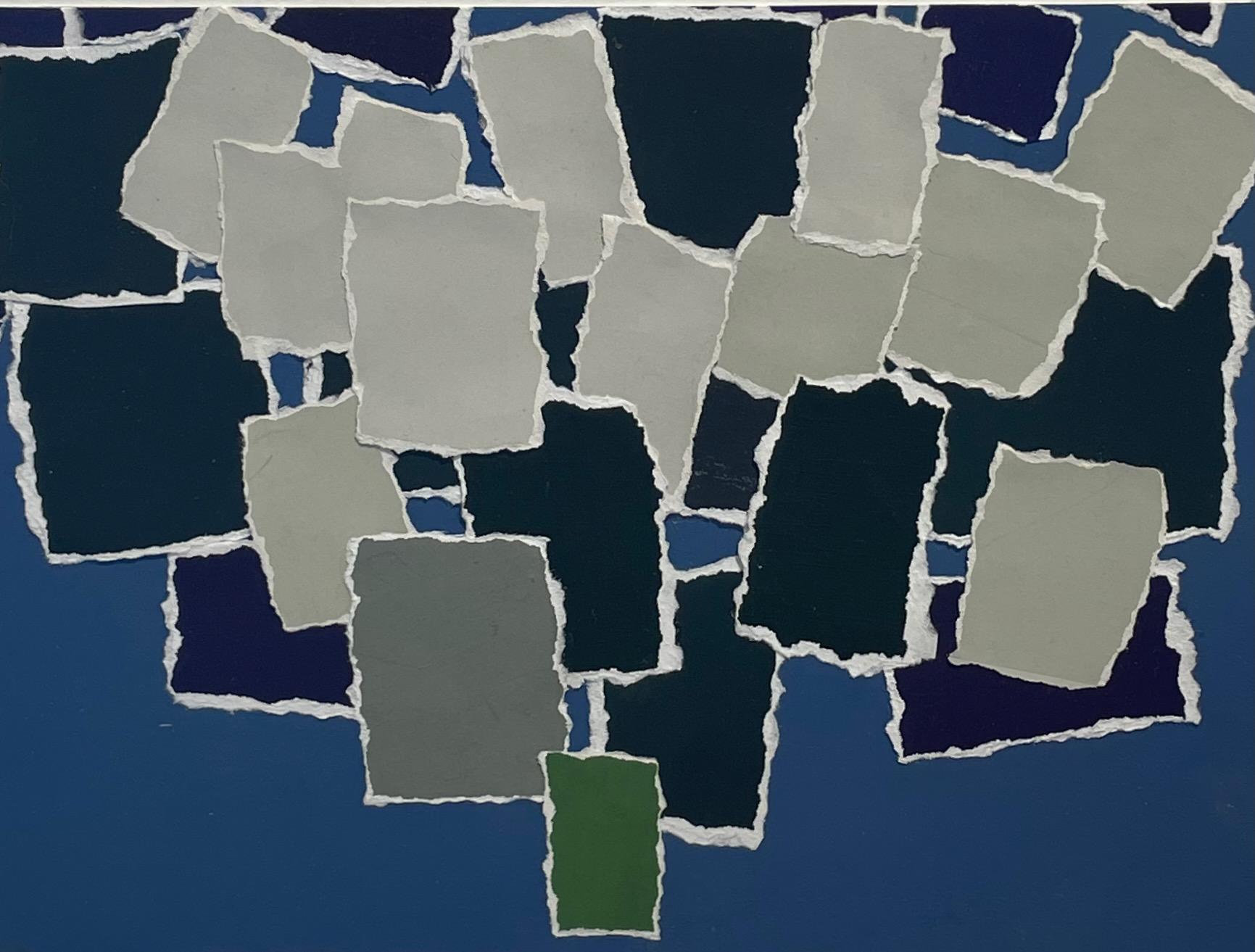 Navy, Blue, Green, Grey Paper Collage By Isabelle Bouteillet, France In New Condition For Sale In New York, NY