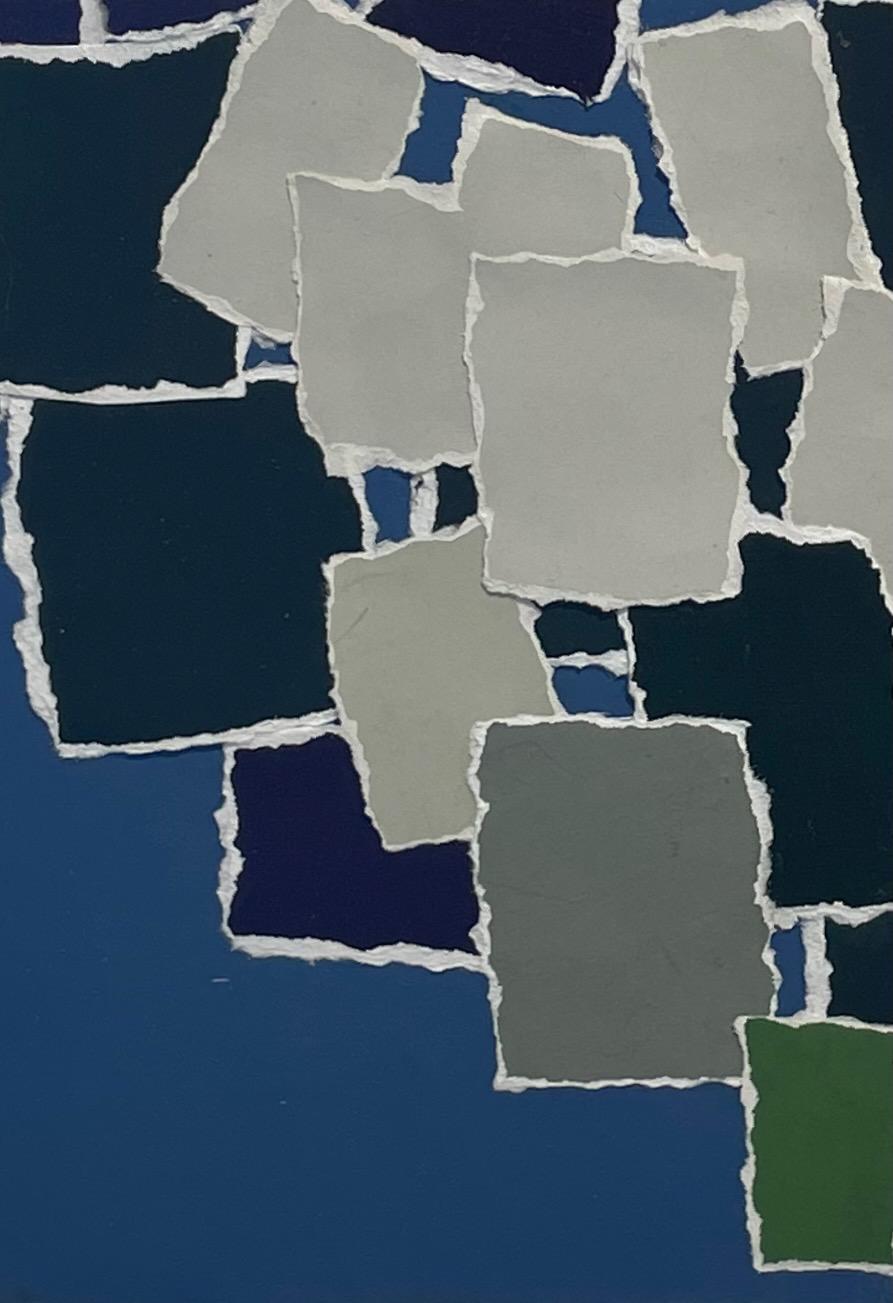 Contemporary Navy, Blue, Green, Grey Paper Collage By Isabelle Bouteillet, France For Sale