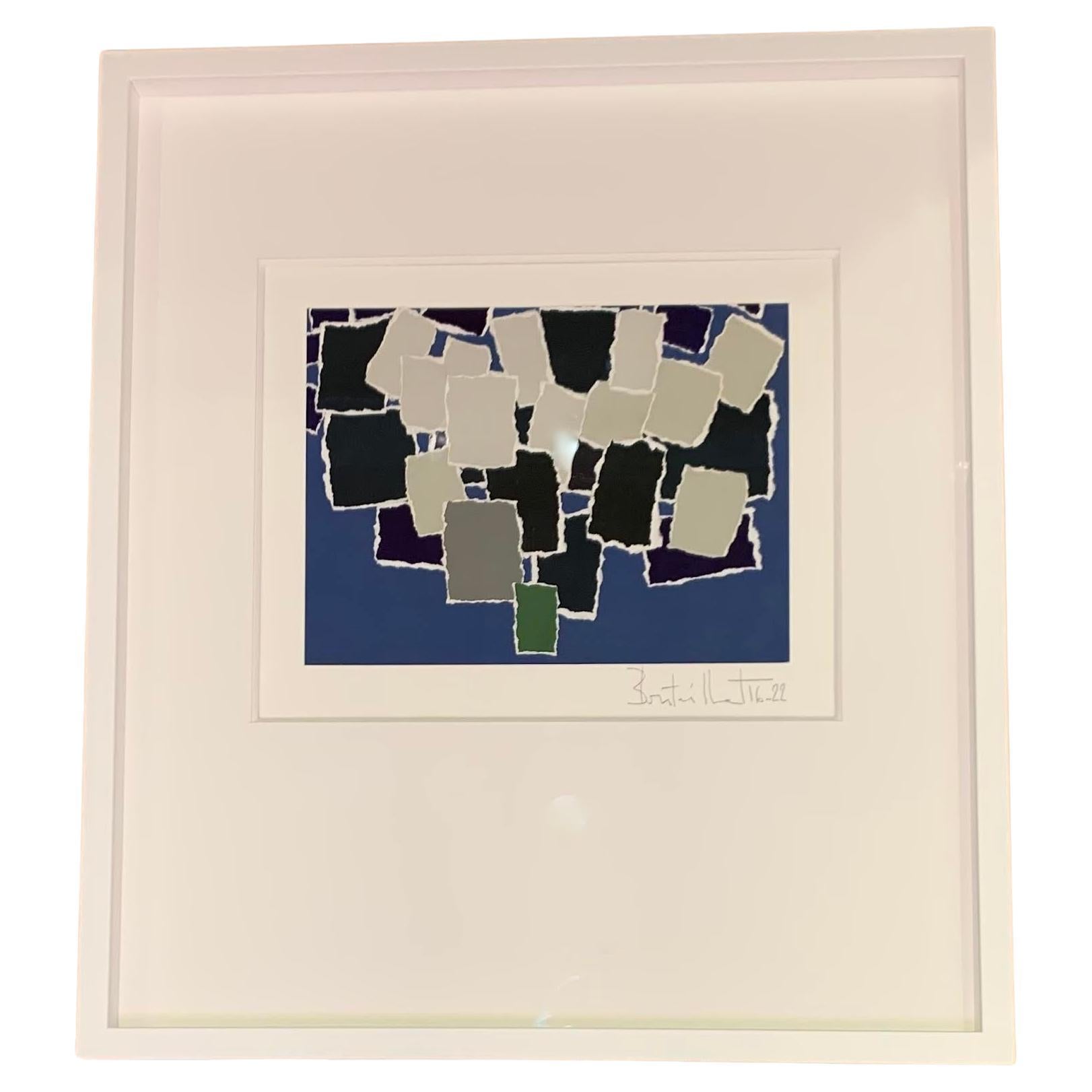 Navy, Blue, Green, Grey Paper Collage By Isabelle Bouteillet, France For Sale