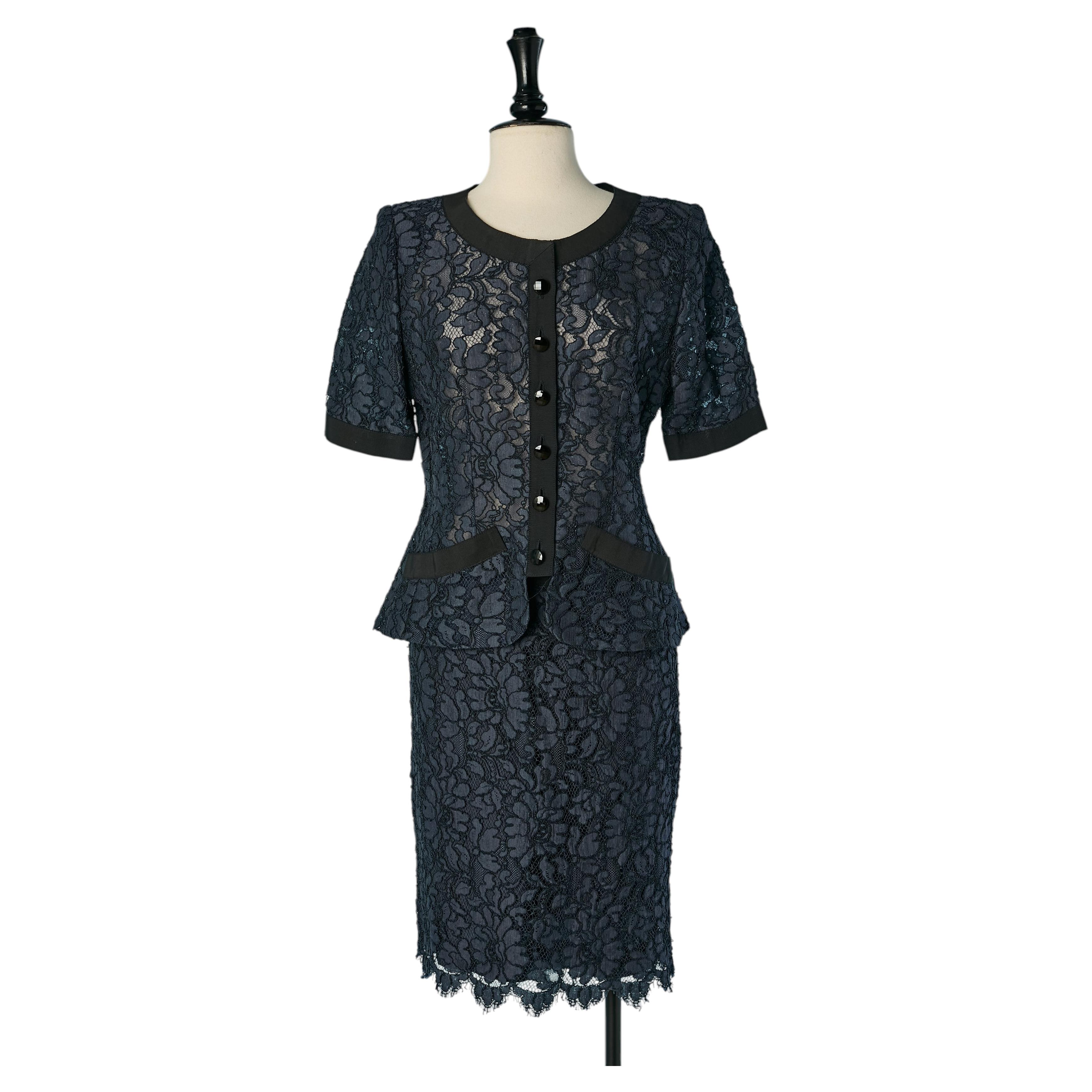 Navy blue guipure skirt suit YVES SAINT LAURENT RIVE GAUCHE