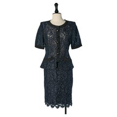 Navy blue guipure skirt suit YVES SAINT LAURENT RIVE GAUCHE