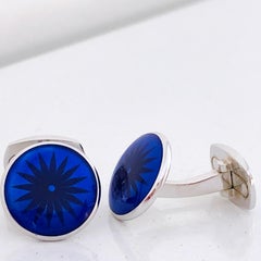 Berca Navy Blue Hand Champlevé Enameled Round Sterling Silver Cufflinks