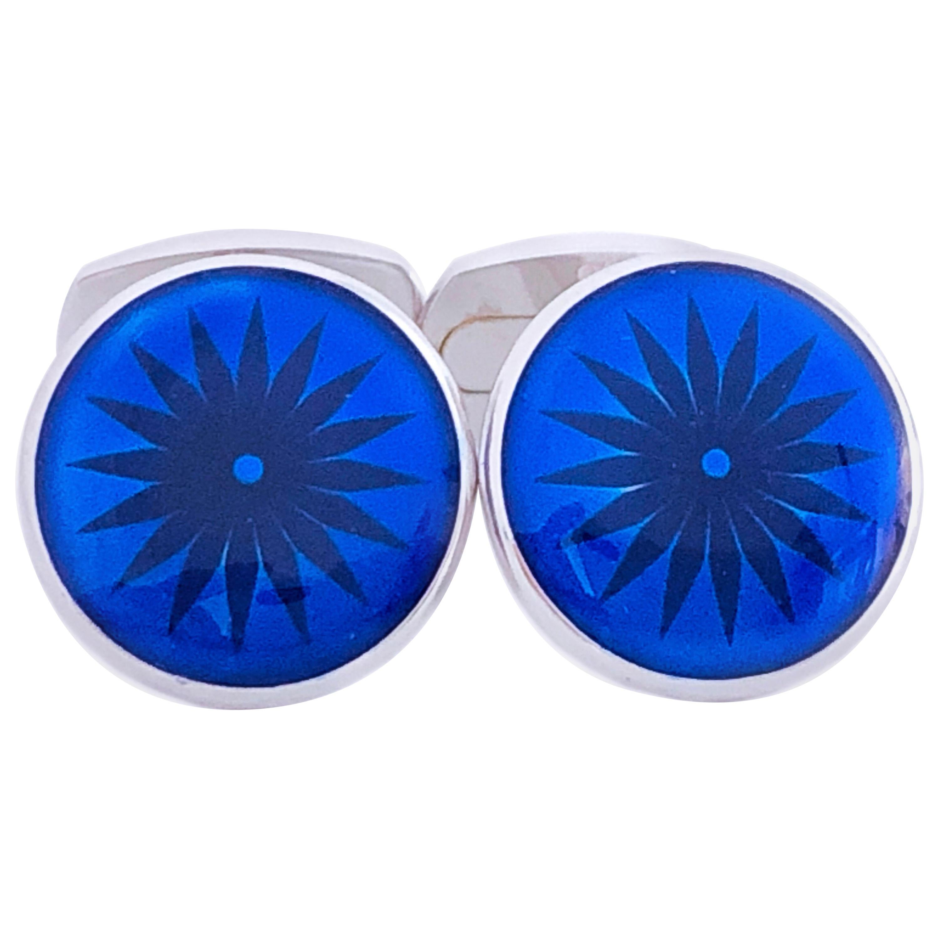 Berca Navy Blue Hand Champlevé Enameled Round Sterling Silver Cufflinks For Sale