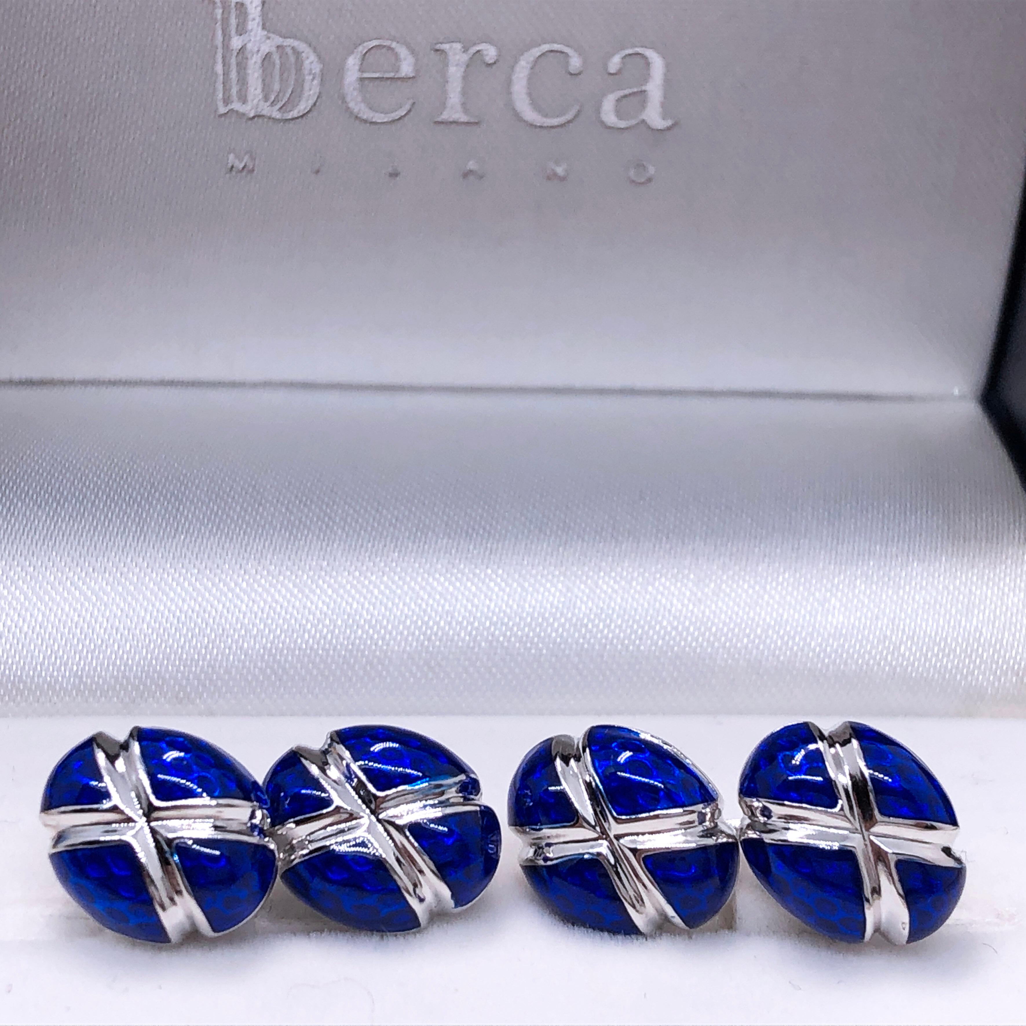 Berca Navy Blue Hand Enameled Egg Shaped Sterling Silver Cufflinks For Sale 4