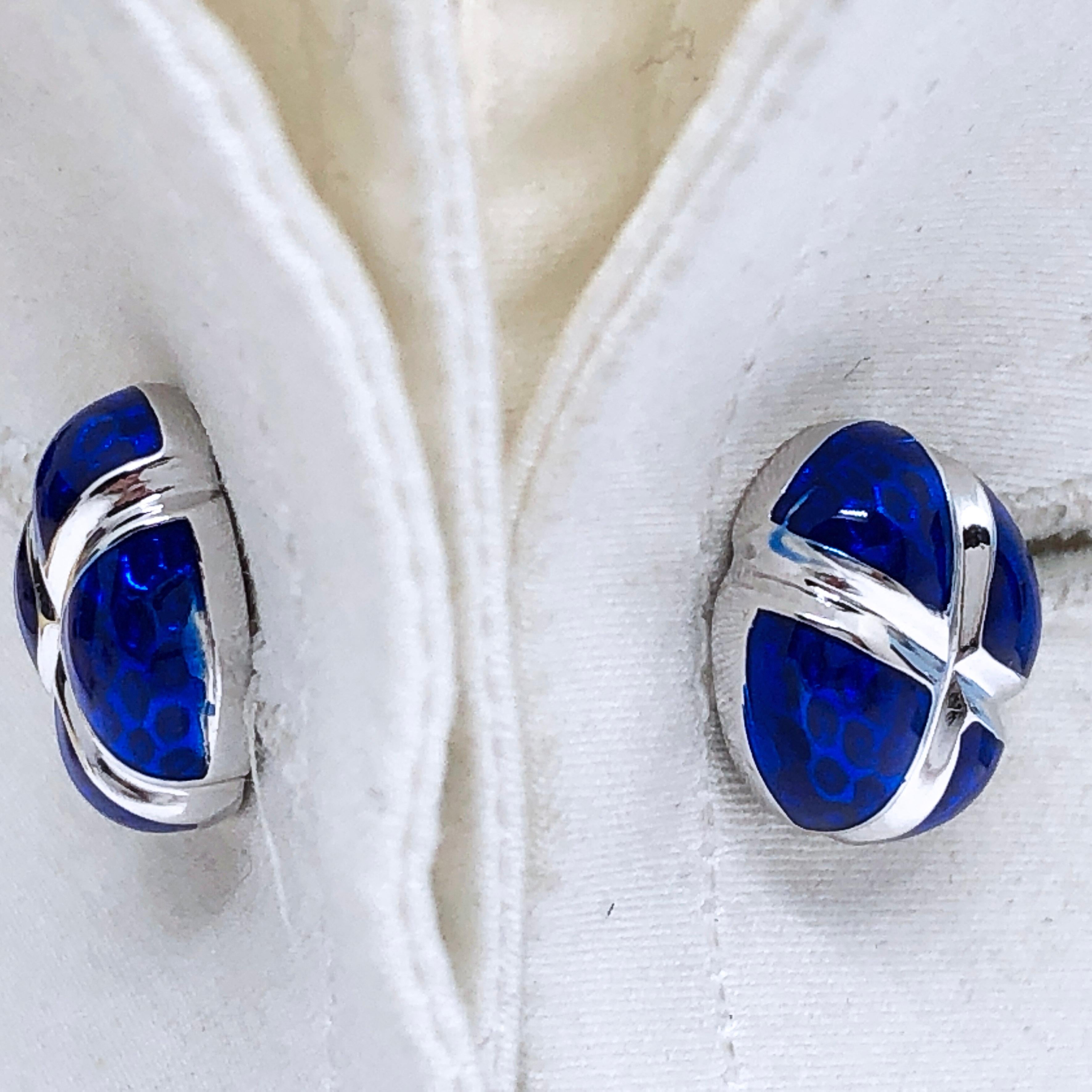 Berca Navy Blue Hand Enameled Egg Shaped Sterling Silver Cufflinks In New Condition For Sale In Valenza, IT
