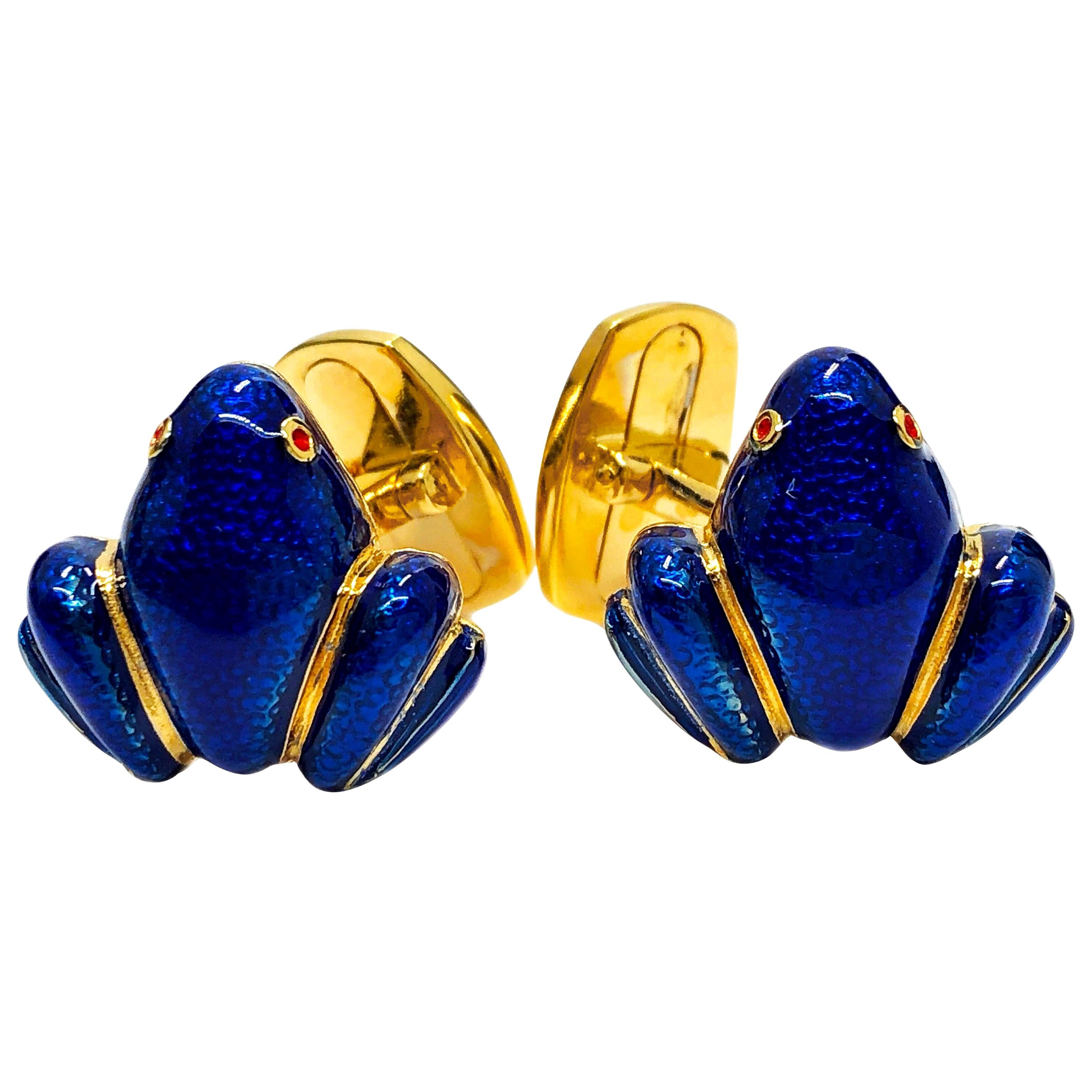 Berca Navy Blue Hand Enameled Frog Shaped Sterling Silver Gold-Plated Cufflinks