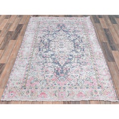 Navy Blue Hand Knotted Old Persian Kerman Cropped Thin Distressed Worn Wool Rug