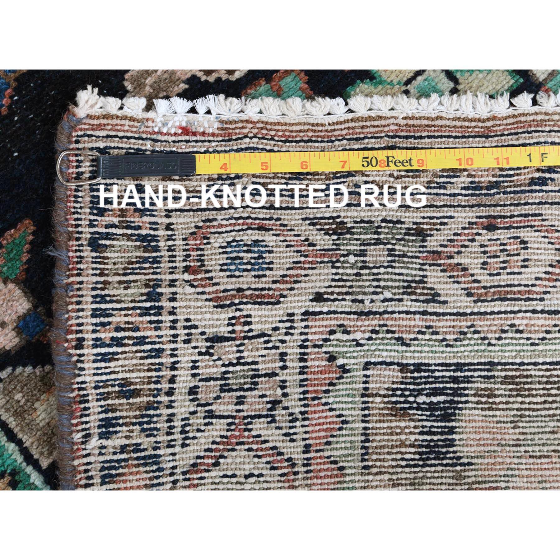 Navy Blue Hand Knotted Vintage Persian Bakhtiar Sheared Low Worn Wool Runner Rug For Sale 1