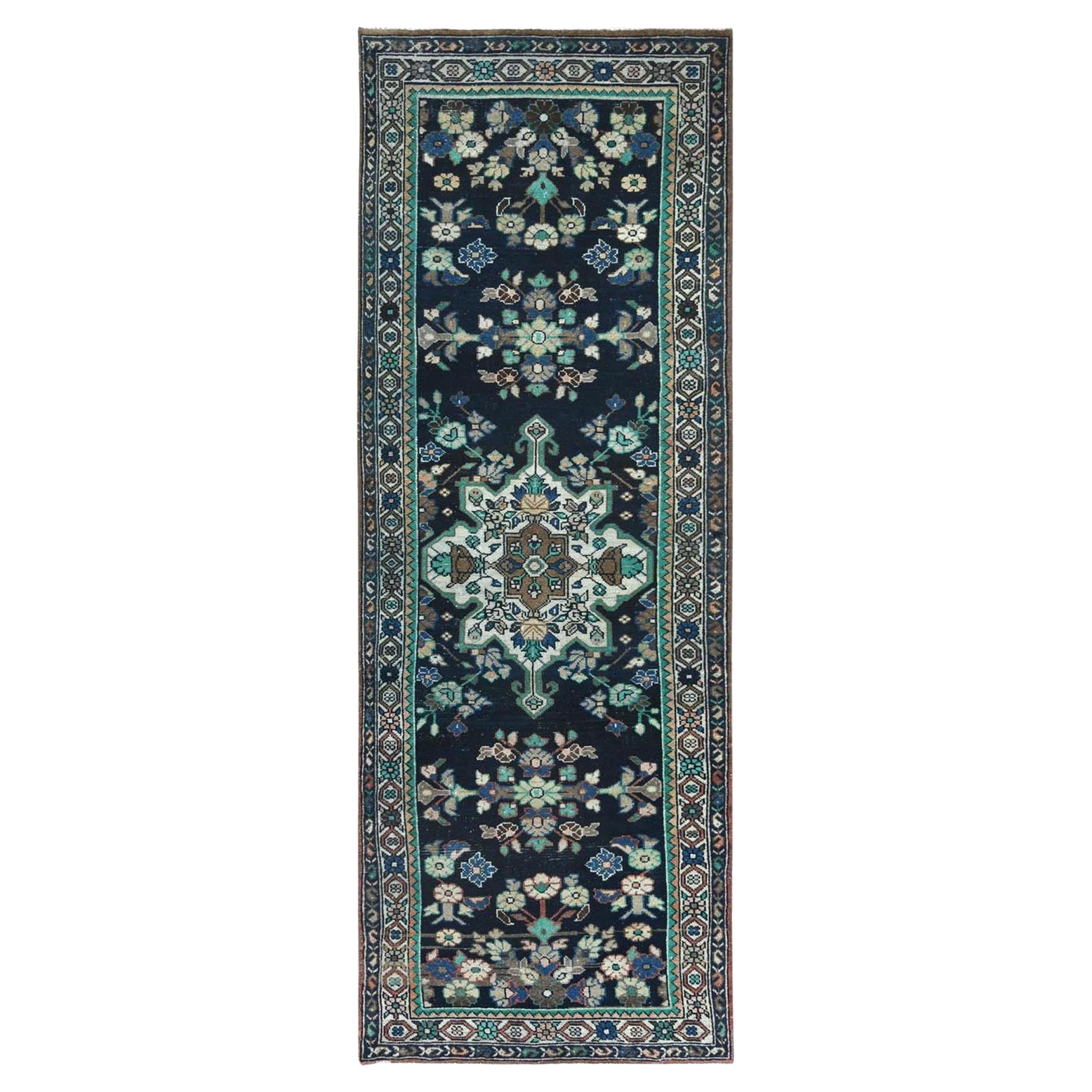 Navy Blue Hand Knotted Vintage Persian Bakhtiar Sheared Low Worn Wool Runner Rug For Sale