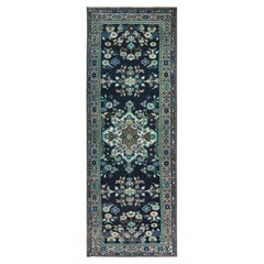 Navy Blue Hand Knotted Retro Persian Bakhtiar Sheared Low Worn Wool Runner Rug