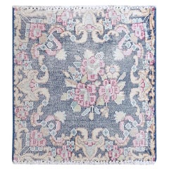 Navy Blue Hand Knotted Retro Persian Kerman Worn Wool Distressed Rug