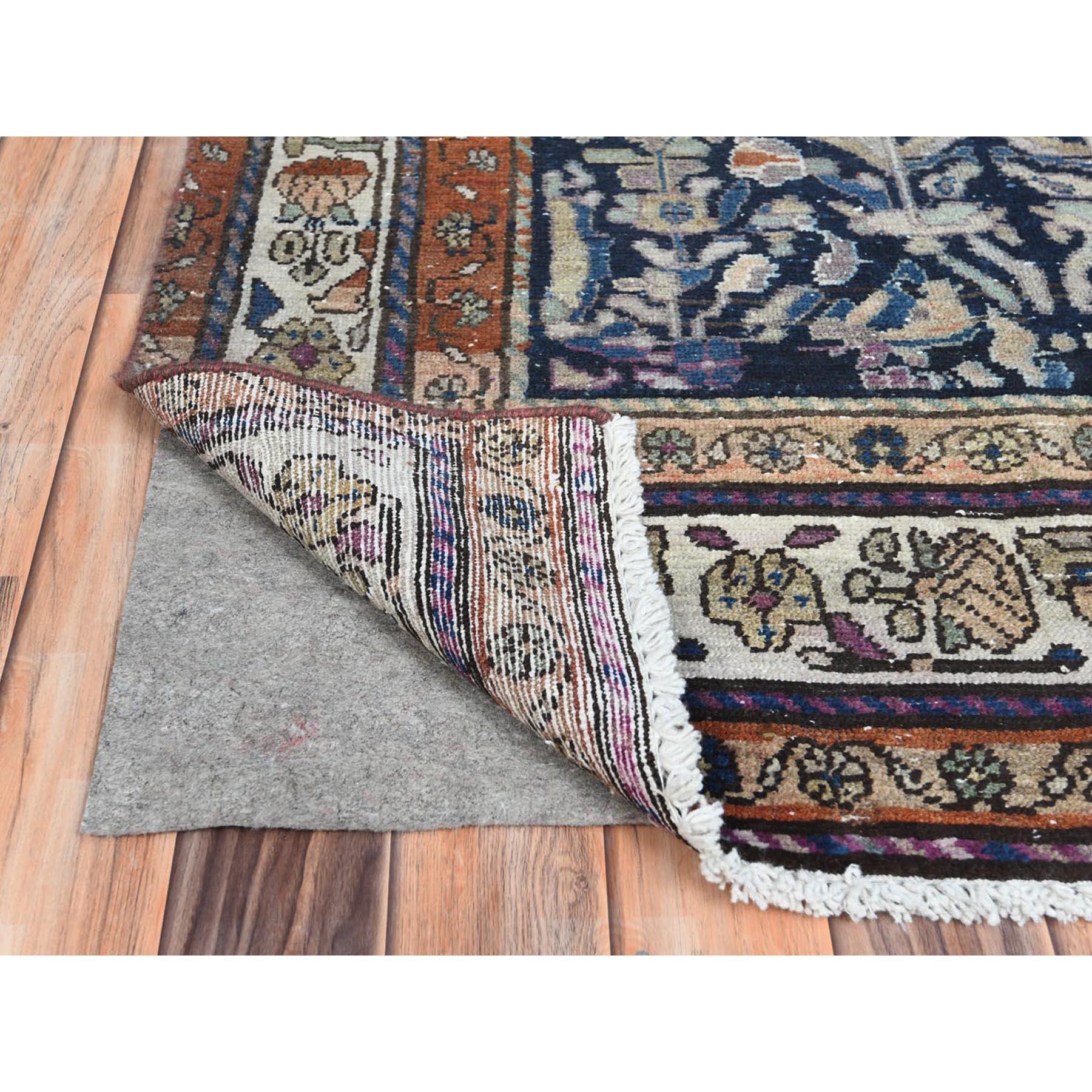 Medieval Navy Blue, Hand Knotted Vintage Persian Lilahan, Distressed Look Worn Wool Rug For Sale