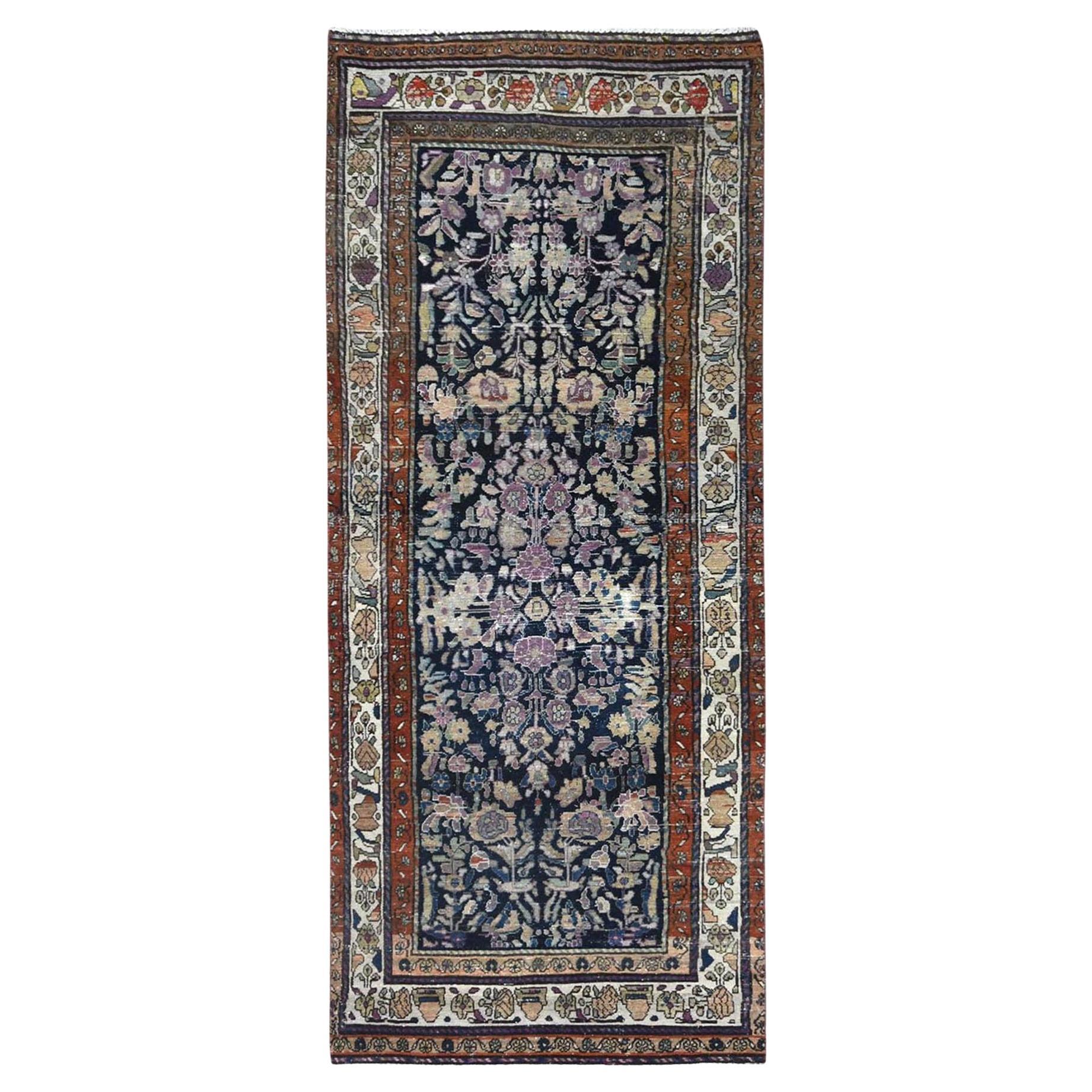 Navy Blue, Hand Knotted Vintage Persian Lilahan, Distressed Look Worn Wool Rug For Sale