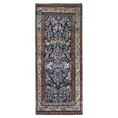Navy Blue, Hand Knotted Retro Persian Lilahan, Distressed Look Worn Wool Rug