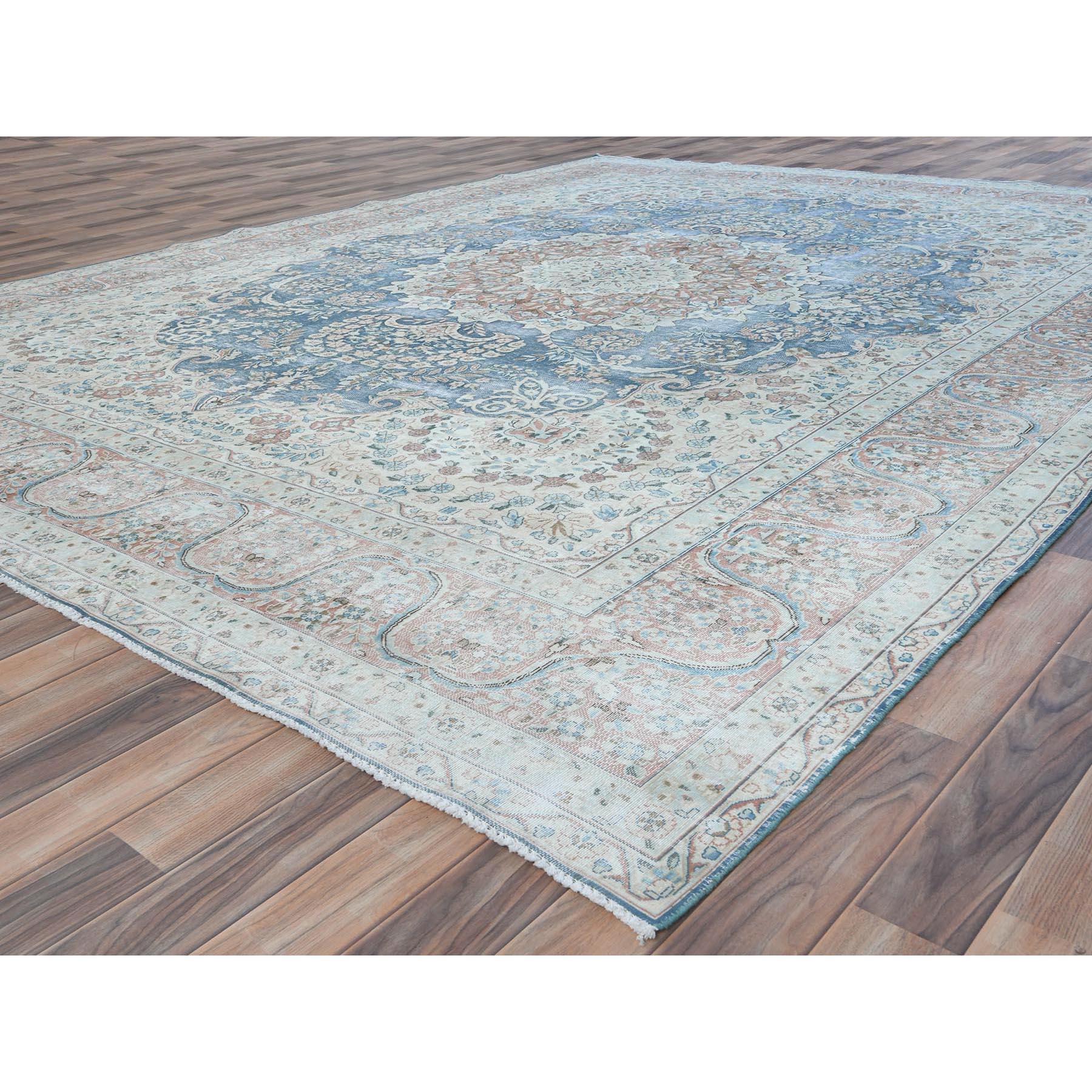 Hand-Knotted Navy Blue Hand Knotted Worn Wool Distressed Vintage Persian Kerman Rug For Sale