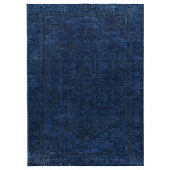 Navy Blue Hand Knotted Vintage Persian Heriz Sheared Low Pure Wool Rug