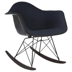 Used Navy Blue Herman Miller Eames Upholstered Black RAR Rocking Armchair
