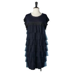 Navy blue jersey and ruffles of tulle cocktail dress Lanvin par Alber Elbaz 