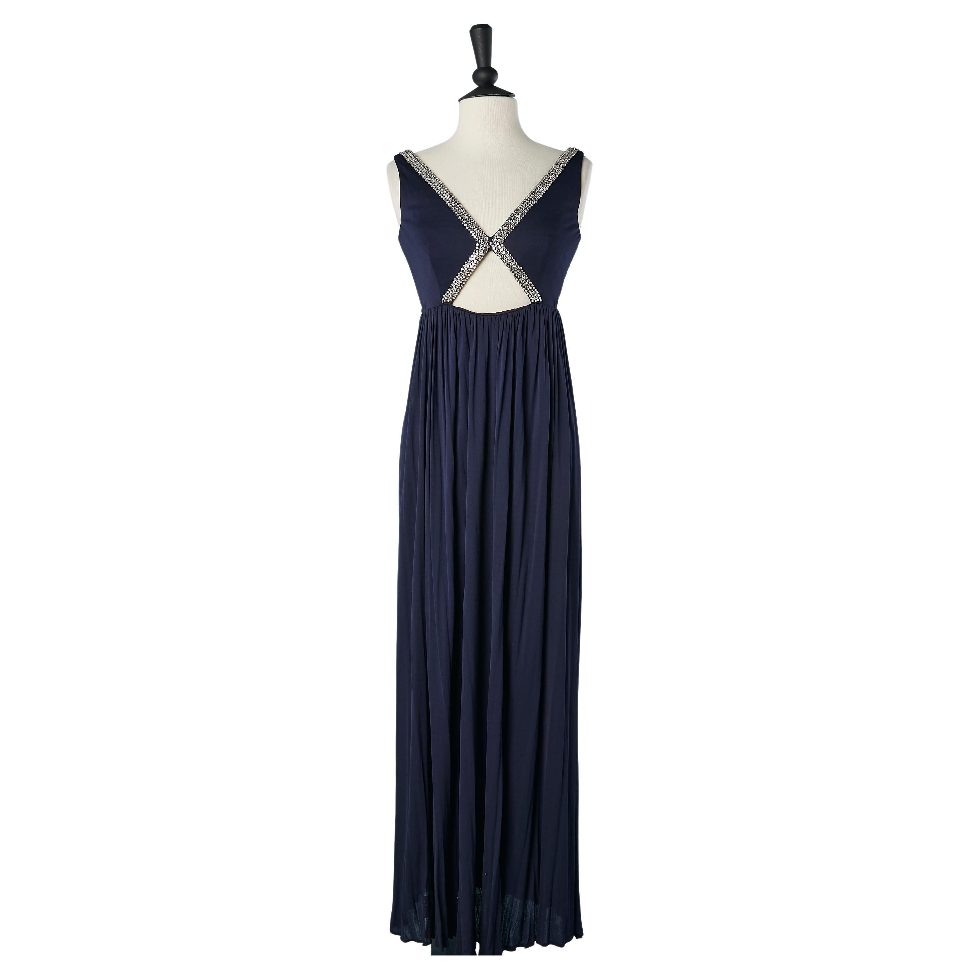 Robe en jersey bleu marine avec encolure en strass « Modern Couture », circa 1970