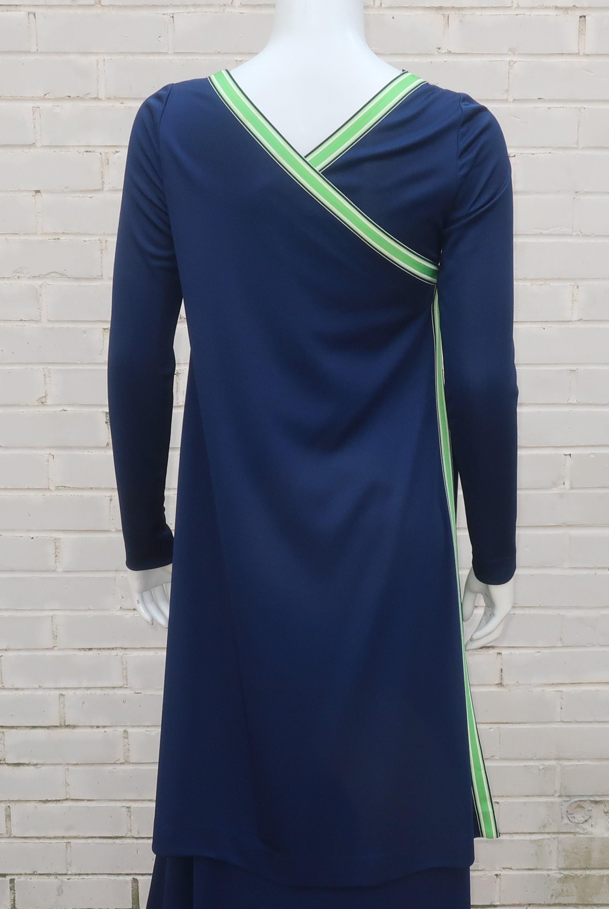 Navy Blue Jersey One Shoulder Maxi Dress With Tunic Wrap, 1970's For Sale 5
