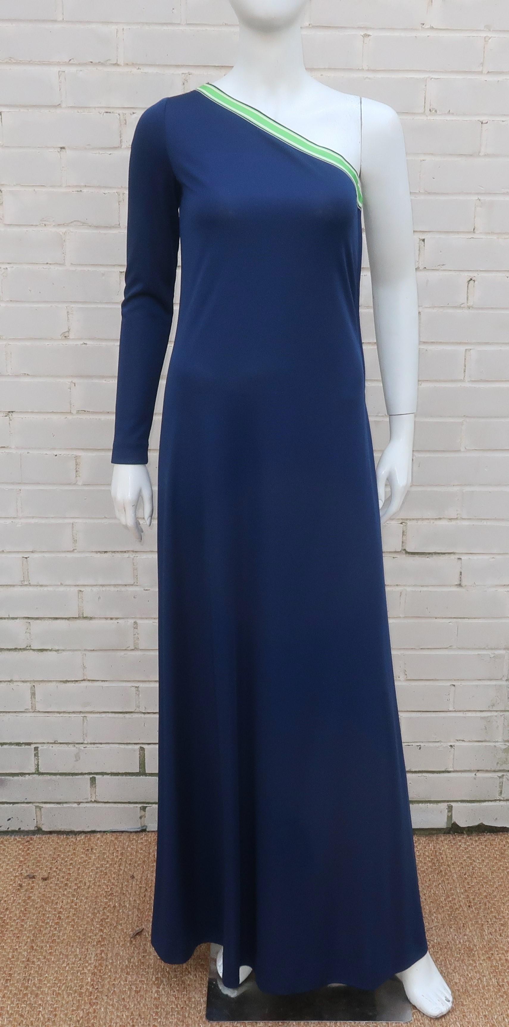 1970's Dalani II navy blue jersey maxi dress with a sporty grosgrain ribbon trim in bright white and Spring green.  This clever one shoulder design features a coordinating one shoulder wrap which creates a fully sleeved look when worn together.  The