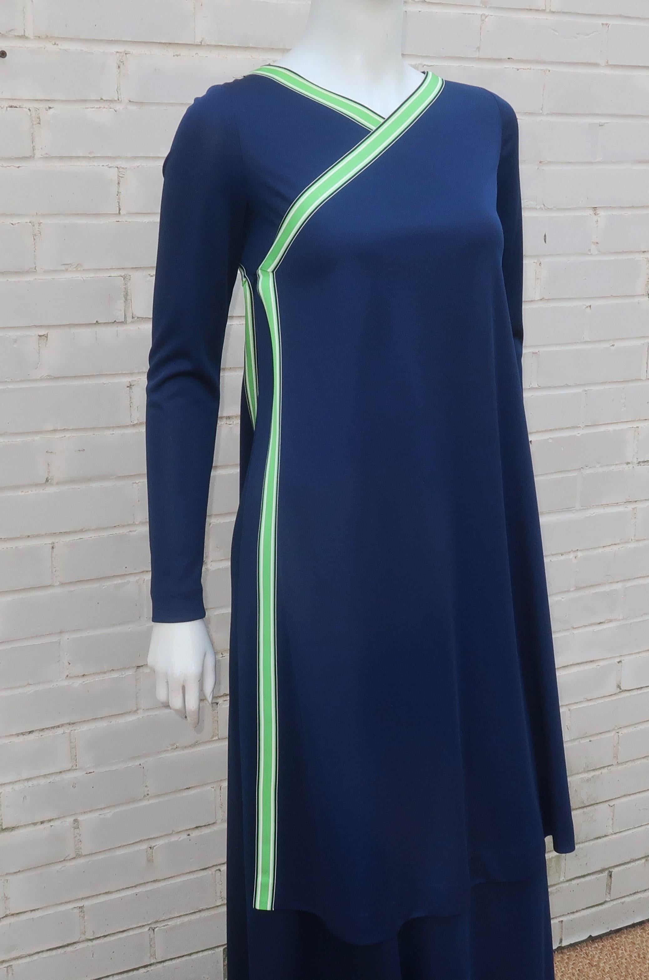 Women's Navy Blue Jersey One Shoulder Maxi Dress With Tunic Wrap, 1970's For Sale