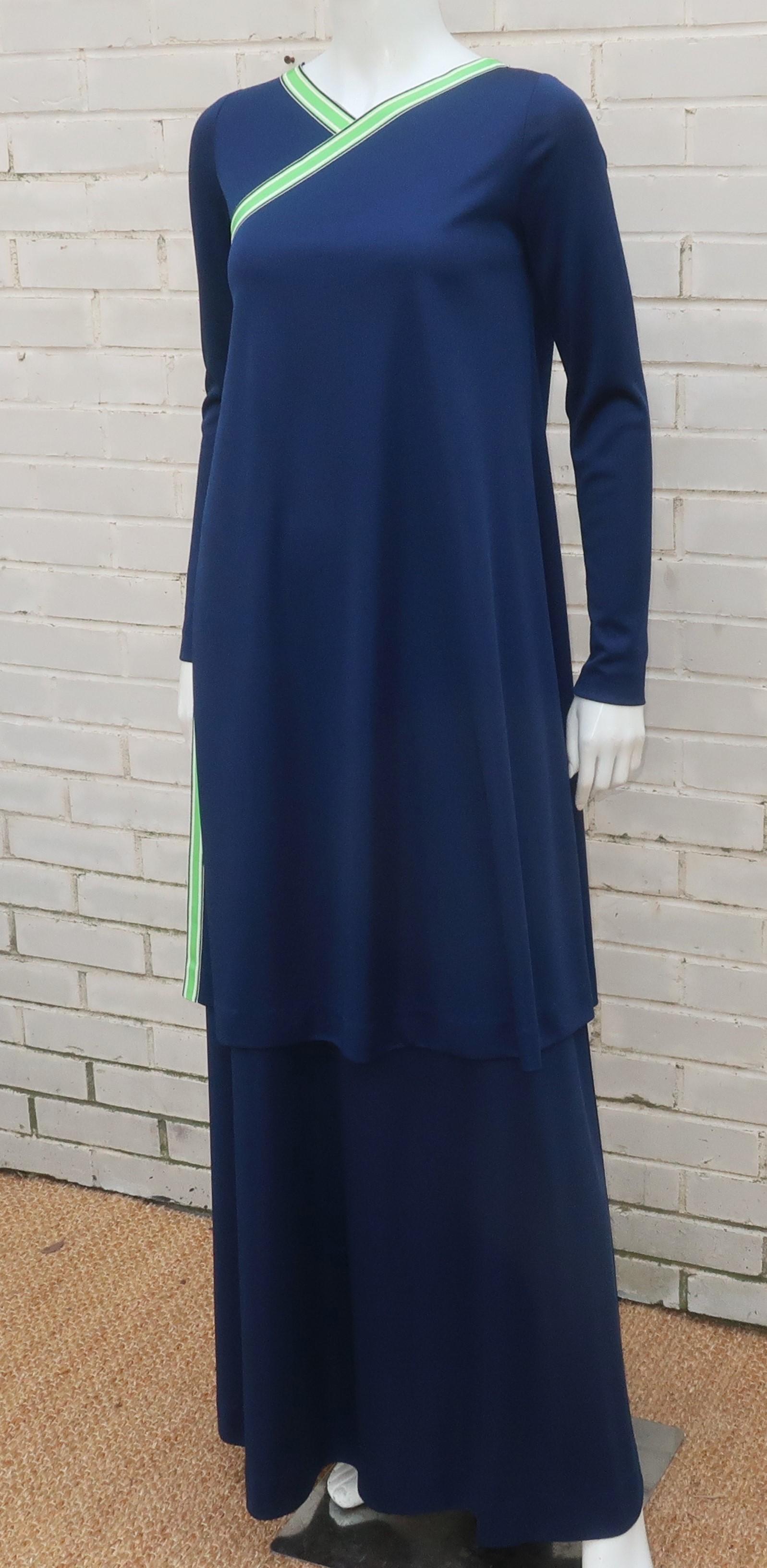 Navy Blue Jersey One Shoulder Maxi Dress With Tunic Wrap, 1970's For Sale 2