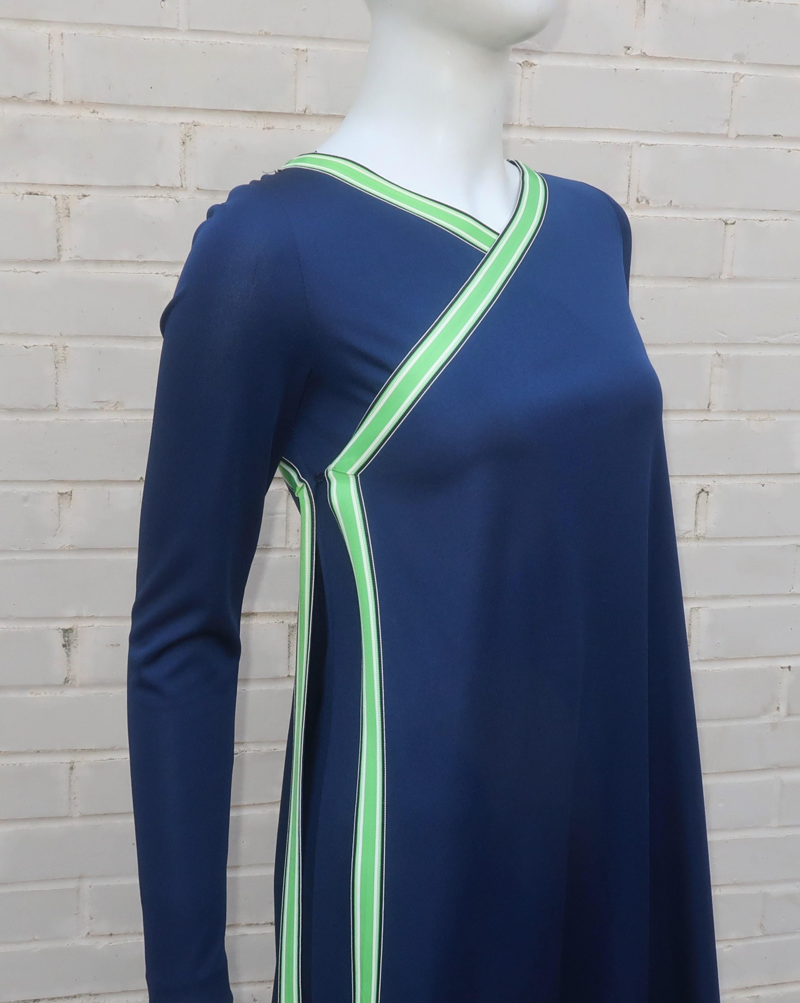 Navy Blue Jersey One Shoulder Maxi Dress With Tunic Wrap, 1970's For Sale 3