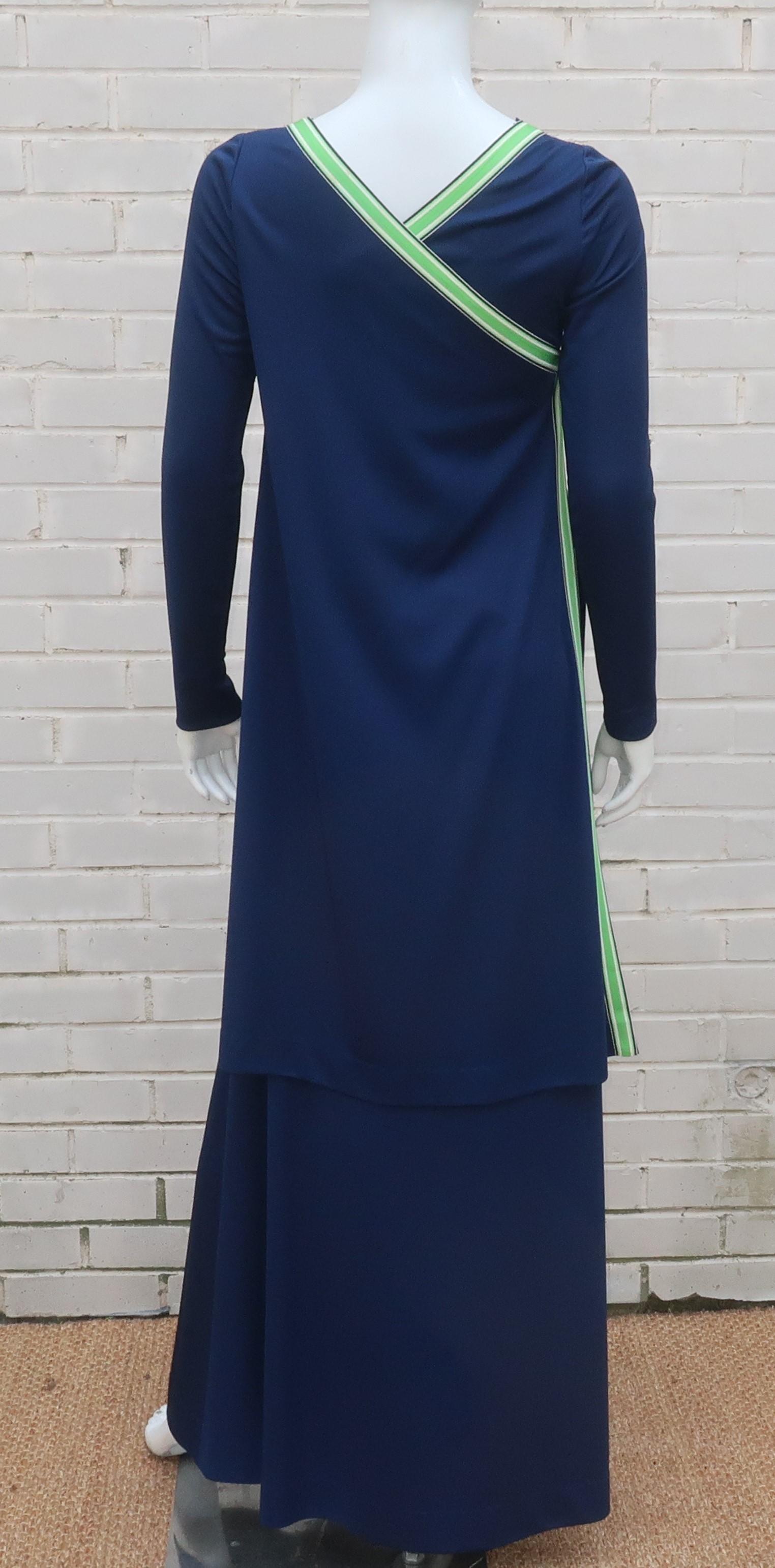 Navy Blue Jersey One Shoulder Maxi Dress With Tunic Wrap, 1970's For Sale 4