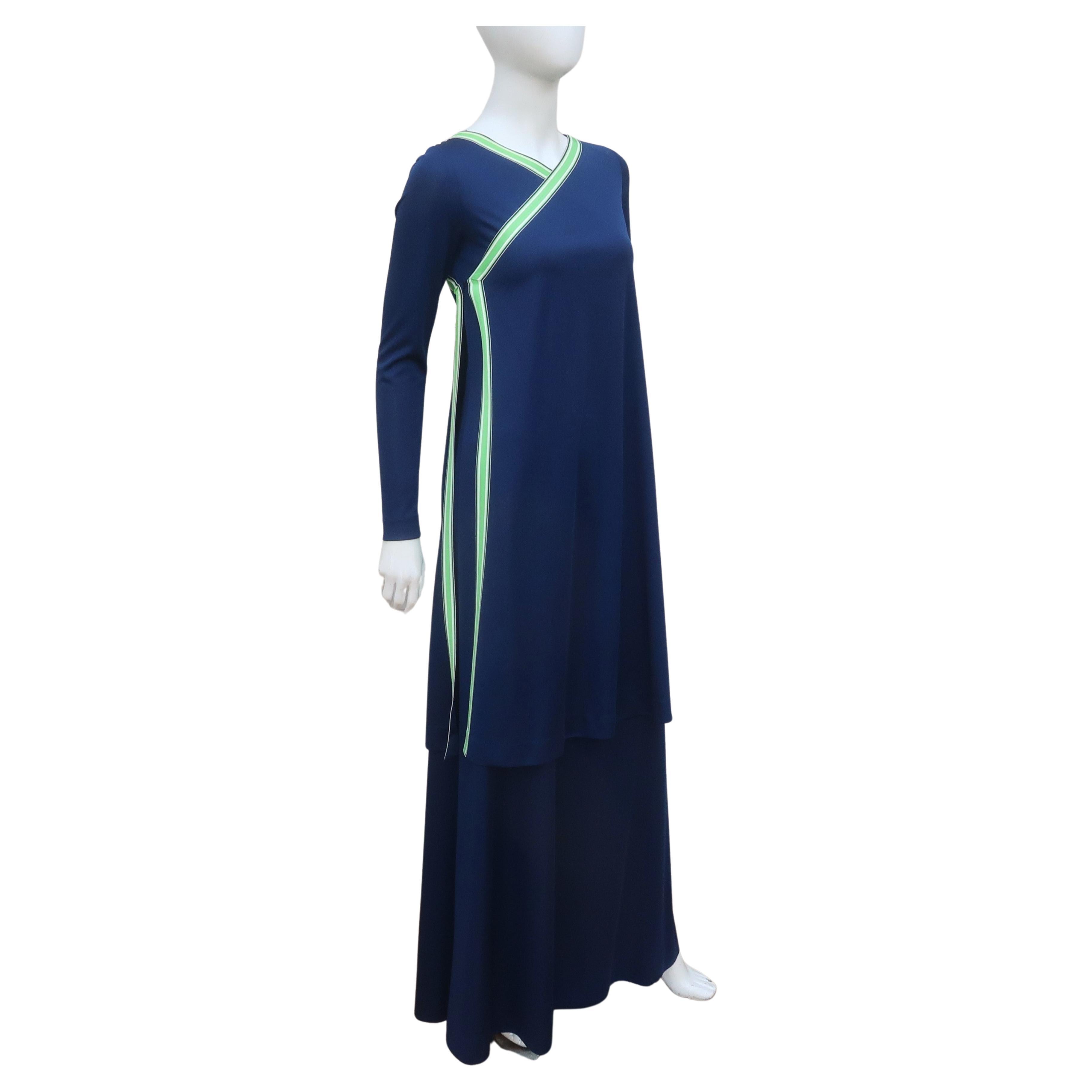 Navy Blue Jersey One Shoulder Maxi Dress With Tunic Wrap, 1970's For Sale