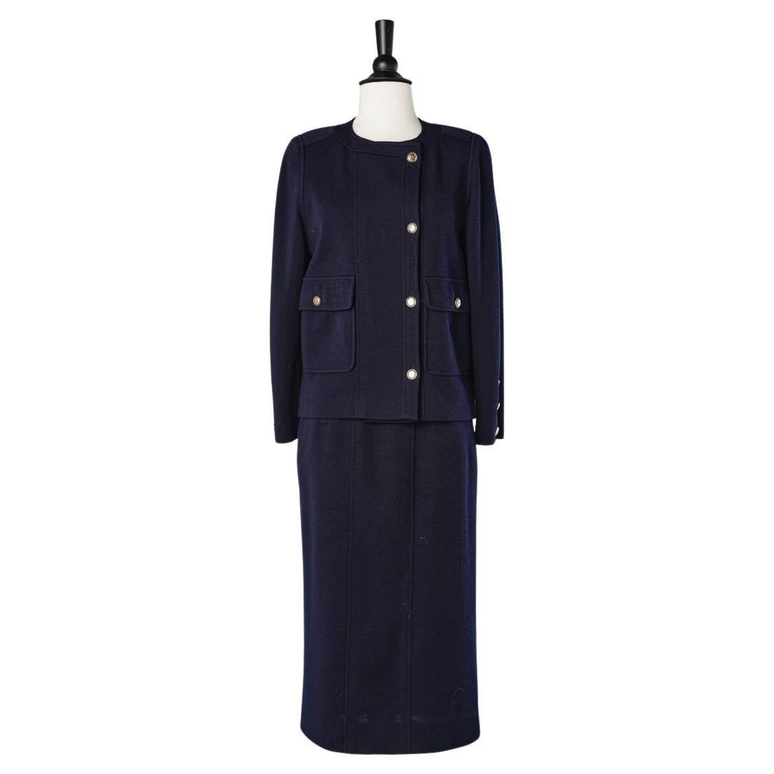 Navy blue jersey skirt suit with asymmetrical button placket Chanel Boutique 