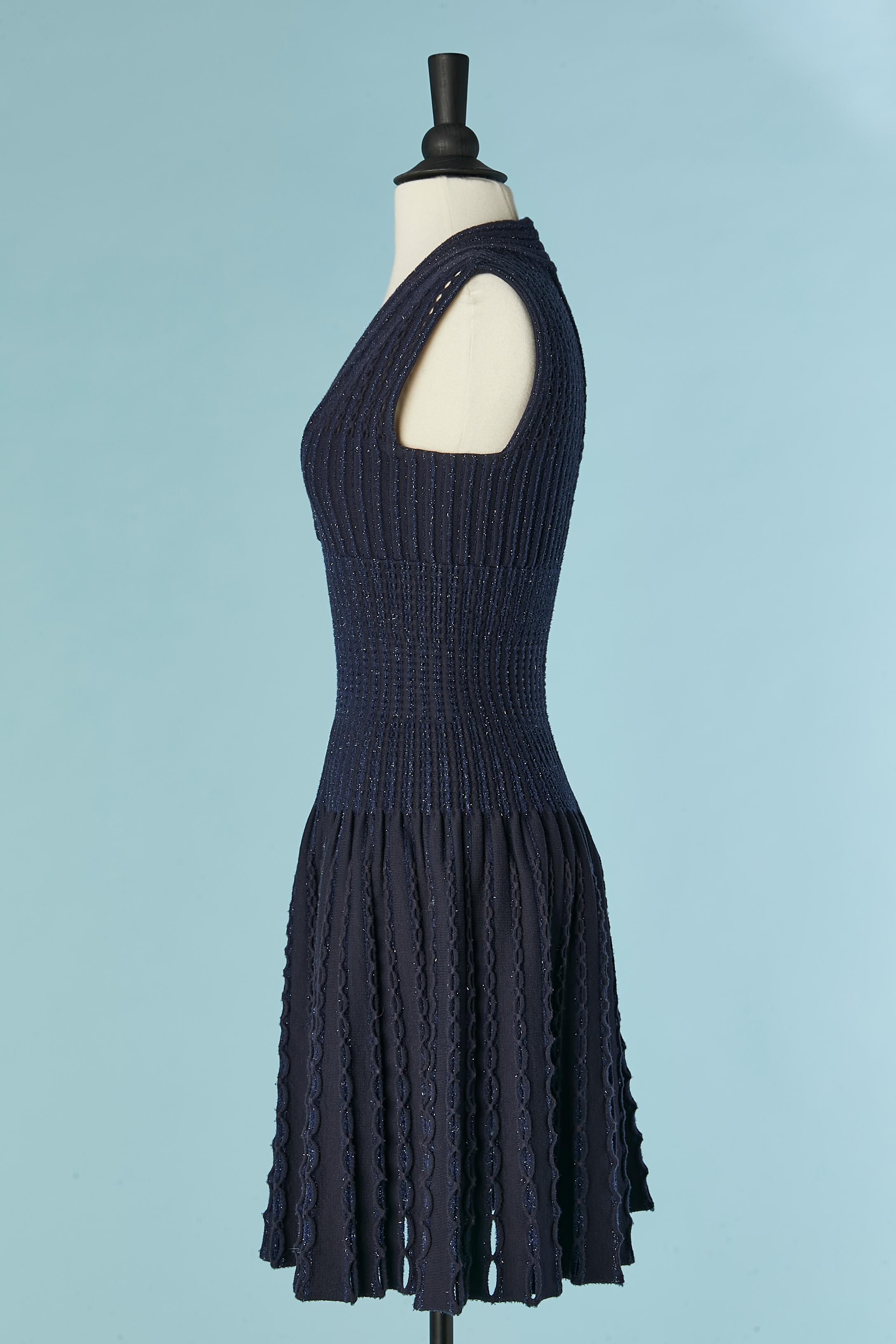 Women's Navy blue knit and lurex threads sleeveless see-through cocktail dress ALAÏA