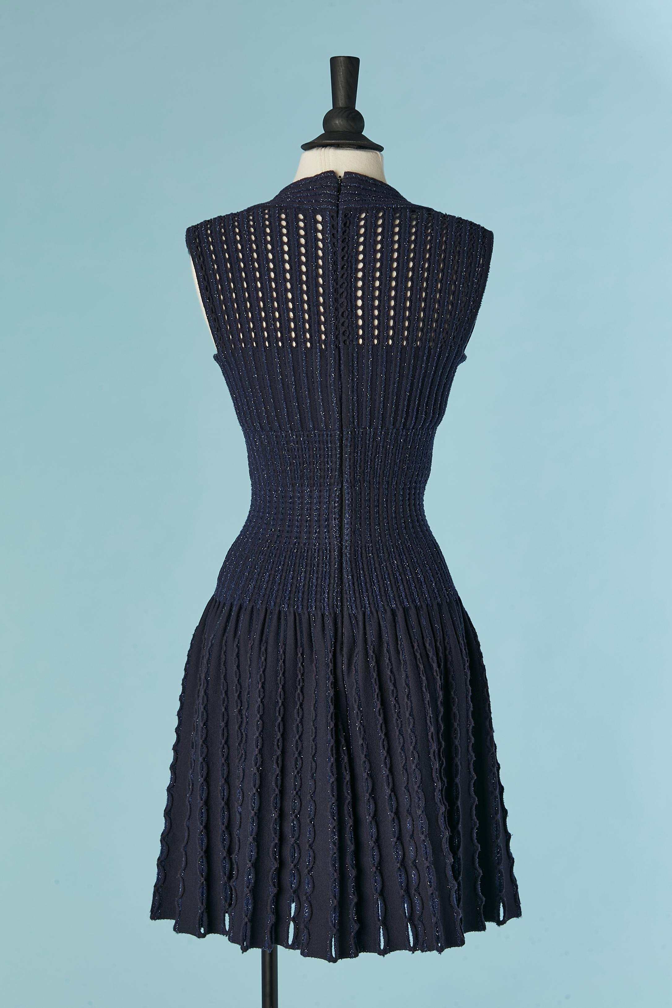 Navy blue knit and lurex threads sleeveless see-through cocktail dress ALAÏA 1