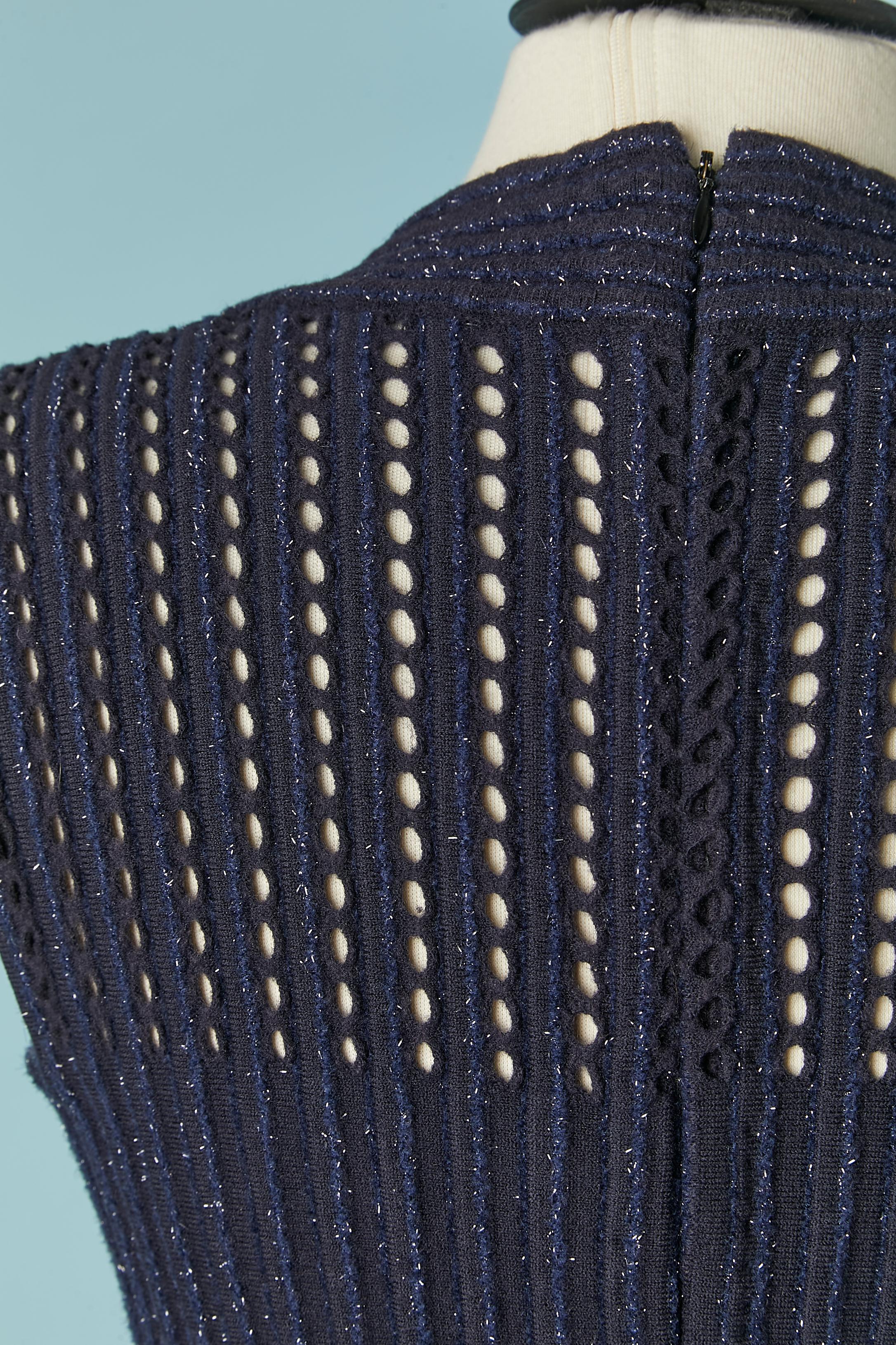 Navy blue knit and lurex threads sleeveless see-through cocktail dress ALAÏA 2